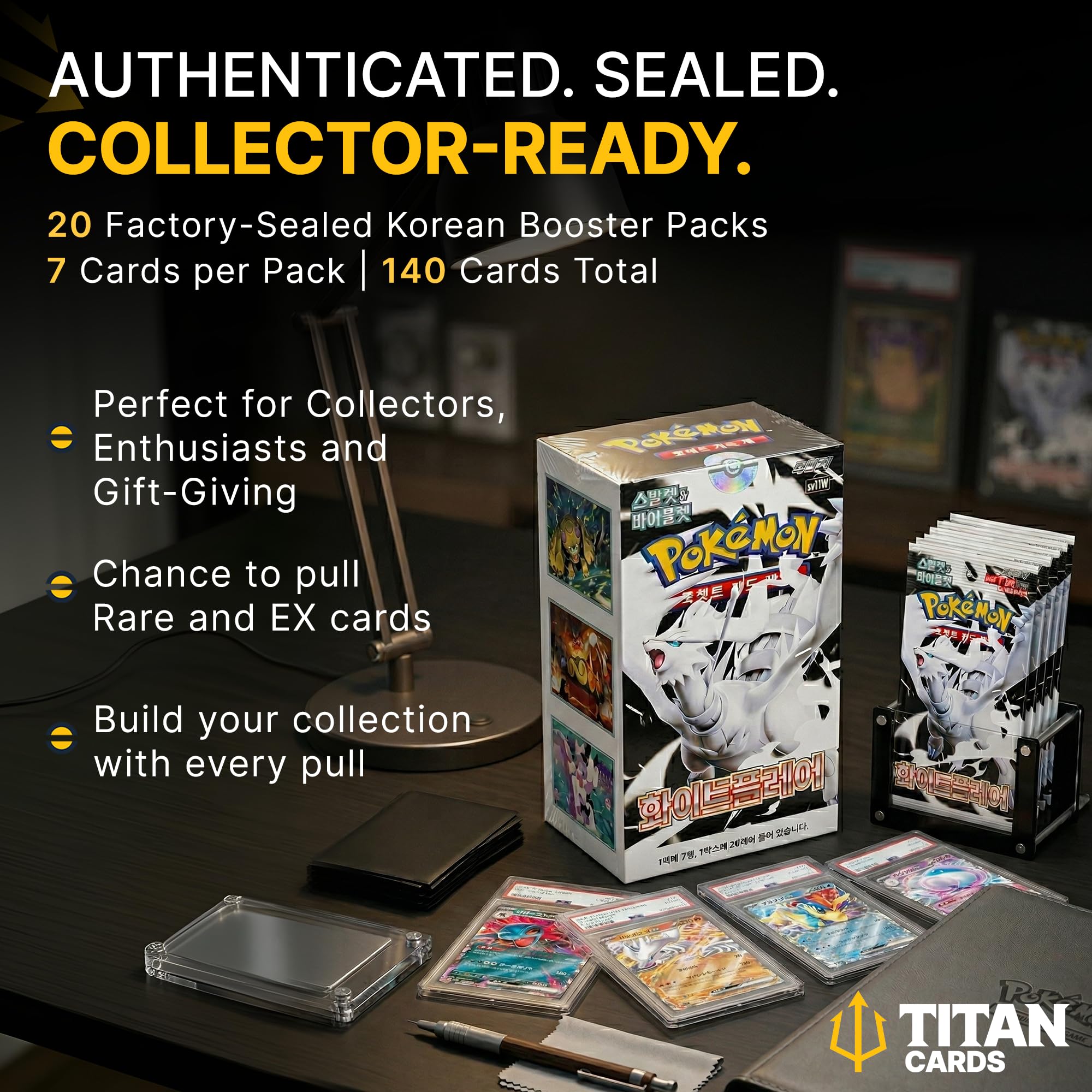 Pokemon TCG White Flare SV11W koreańskie pudełko Booster Box, koreańskie karty Pokémon, seria Scarlet & Violet, 20 pakietów wspomagających (7 kart w opakowaniu) | uwierzytelnione przez Titan