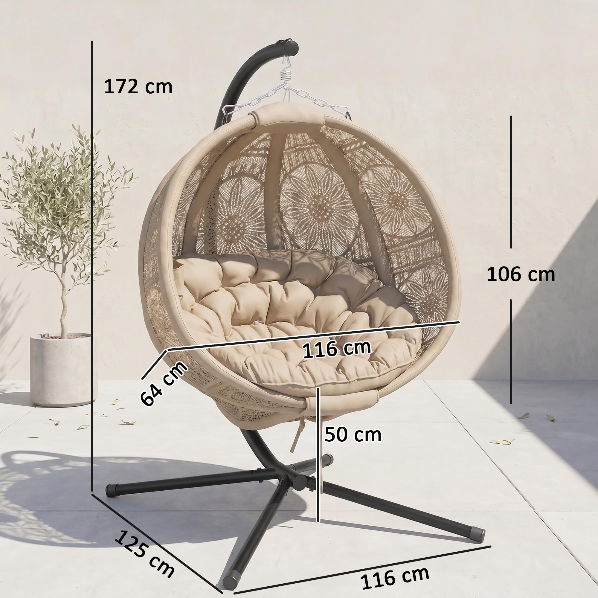Outsunny Hängesessel, Hängeschaukel, Hängestuhl mit Sitzkissen, Klappbarem Sitzkorb, für Indoor, Outdoor, bis 120 kg Belastbar, Polyester, Sand