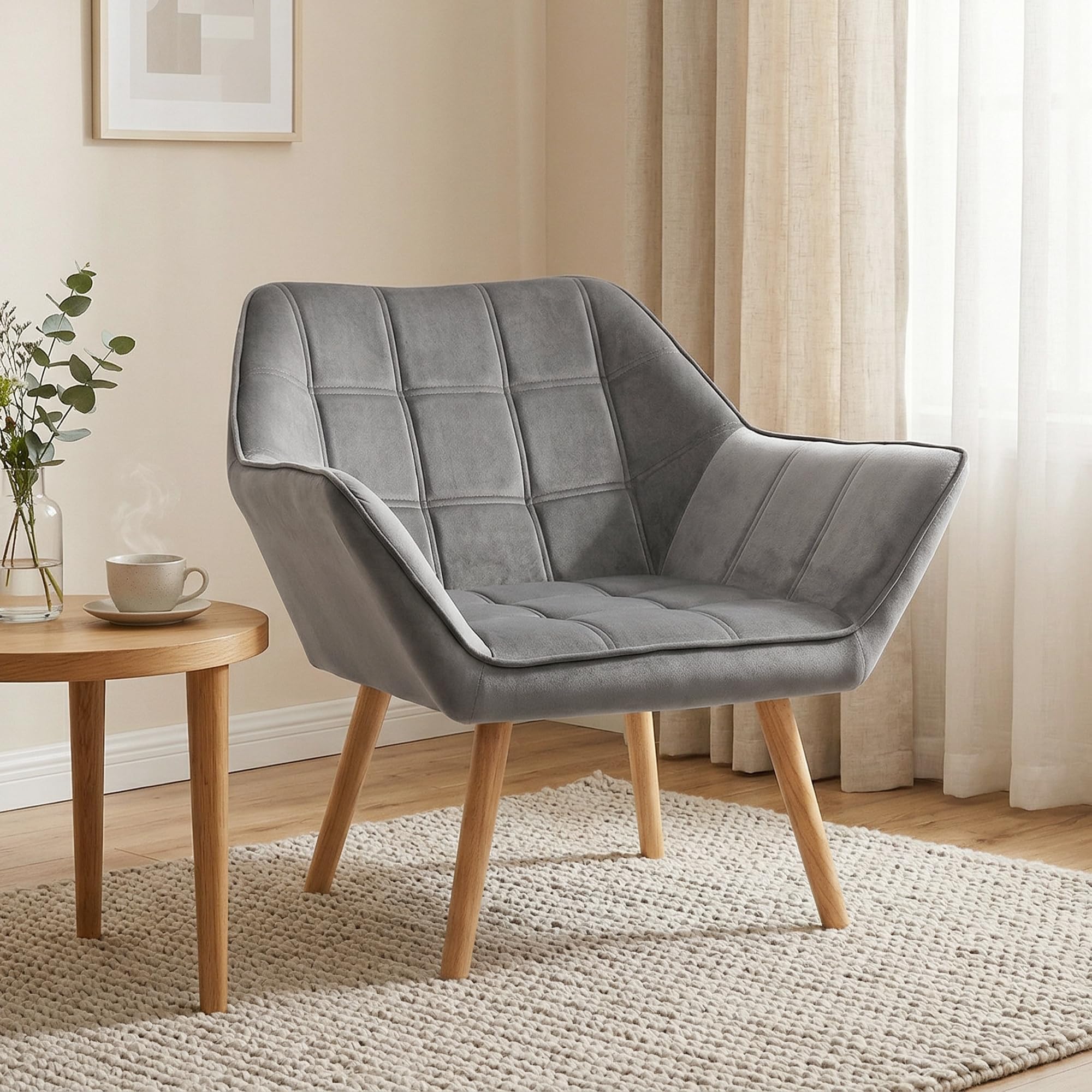 HOMCOM Butaca de Salón Moderna, Sillón Lectura Tapizado en Terciopelo con Patas de Madera, Fácil Montaje, Sillón Relax para Sala de Estar, Dormitorio y Balcón, Gris