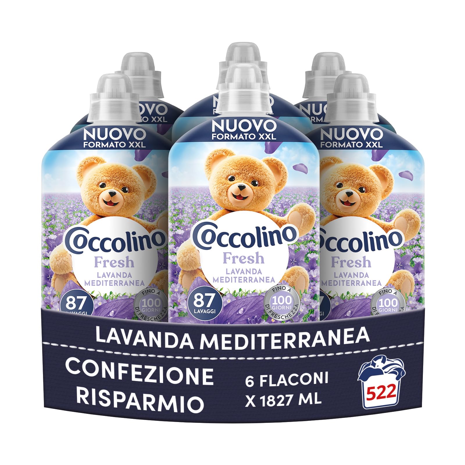 Coccolino Ammorbidente Concentrato Fresh Lavanda Mediterranea, Ammorbidente Lavatrice, Freschezza Lunga Durata, Dermatologicamente Testato, Formato XXL Fino a 522 Lavaggi, 6 x 1827 ml