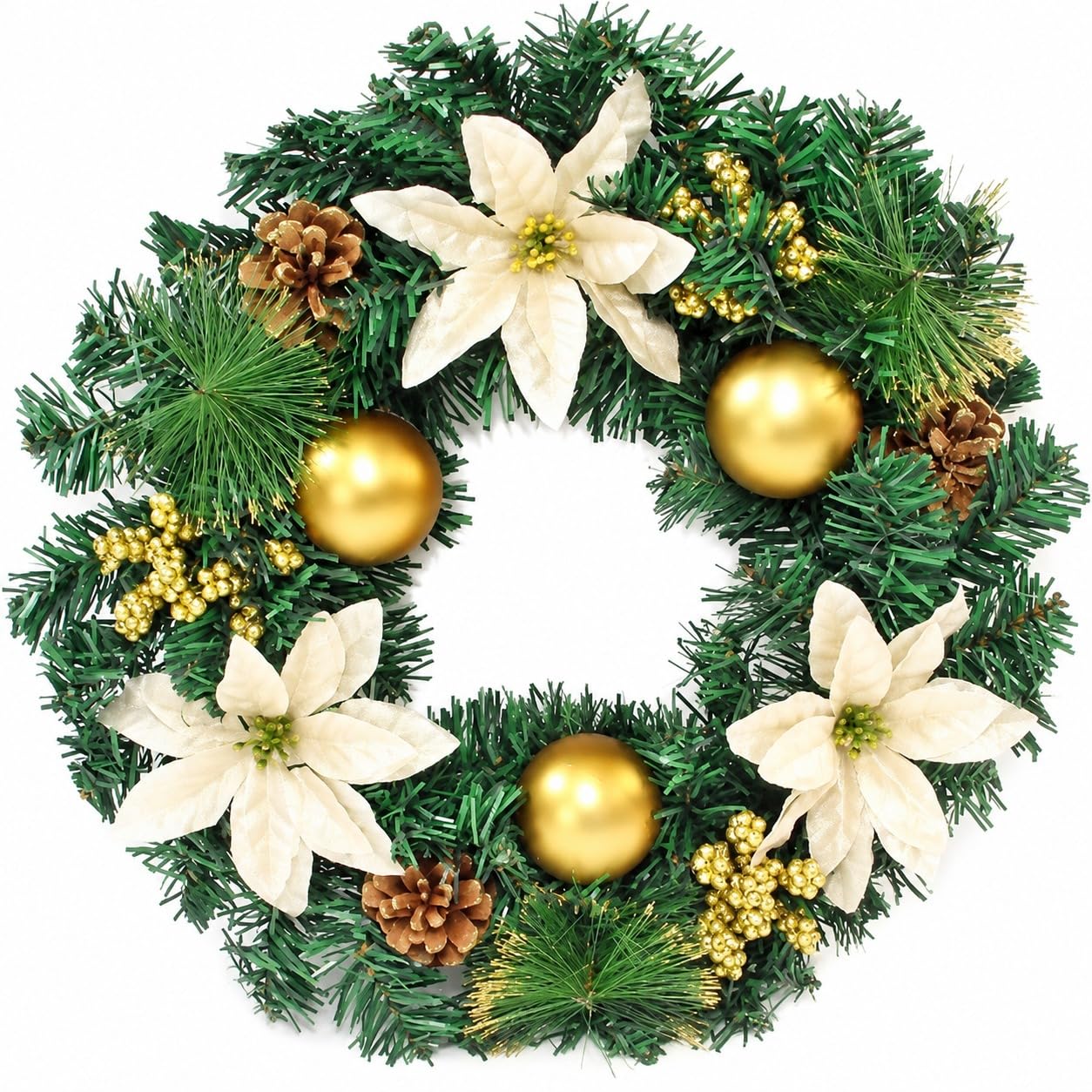 Christmas Wreath, 40cm Pine Wreath with Poinsettia Bauble Cone and Berries
