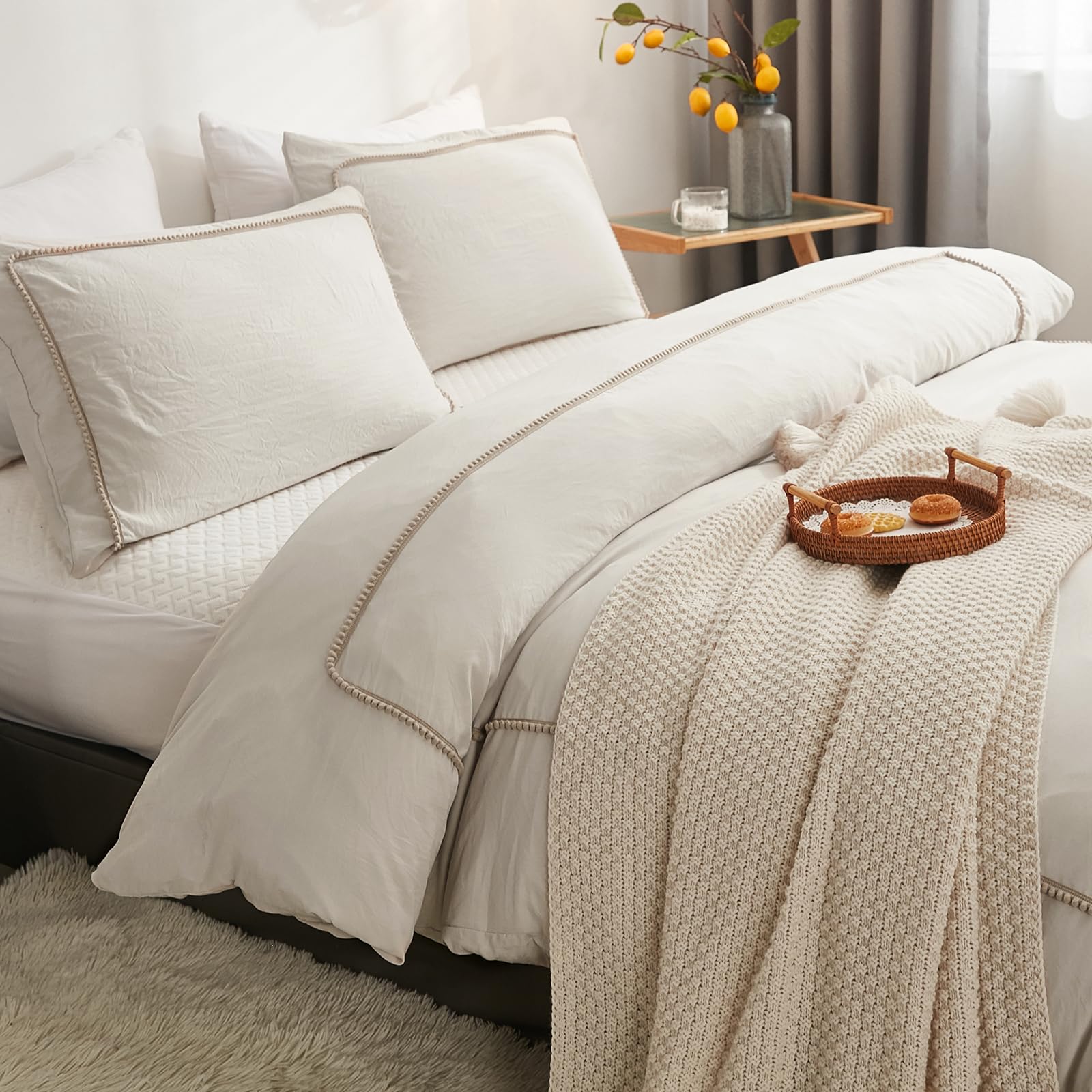 Herside Beige Bedding Set Double Size Khaki Ball Pom Design Solid Duvet Cover Set Microfibre Quilt Cover Boho Rustic Pom Duvet Cover Set Reversible Bedding for Girls Teens
