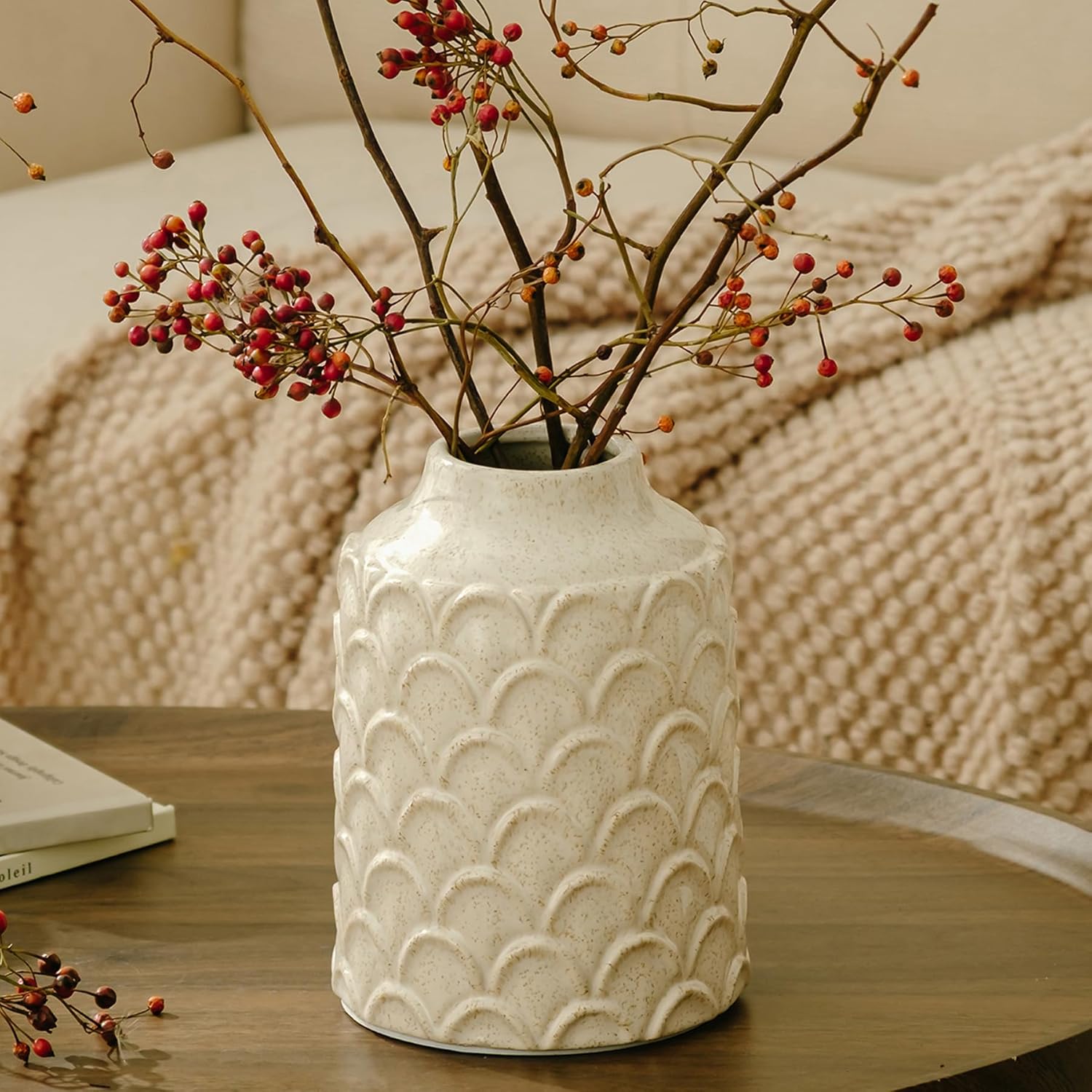 Ceramic Flower Vase, 7.28" Decorative Vases for Flowers, Beige Rustic Farmhouse Vase for Home Decor, Centerpieces, Bathroom, Living Room, Shelf, Coffee Table, Mantel, Entryway, Bedroom, Kitchen