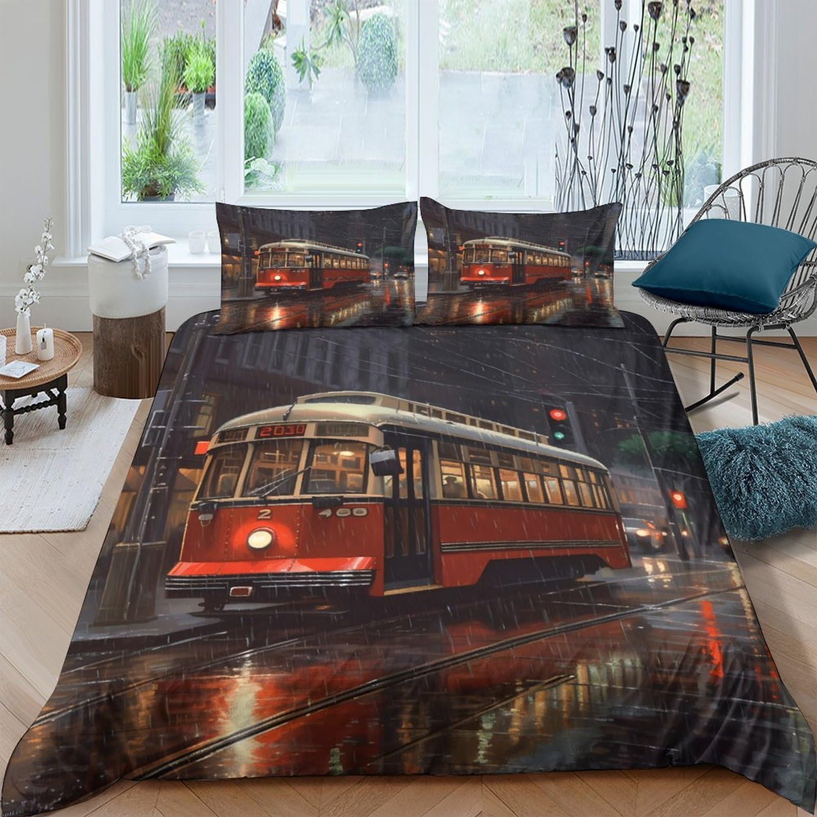 GPLZQXKJNH 3D Printed Retro Tram Duvet Cover Microfiber Soft Breathable Urban Night Bedding Set with 2 Pillowcases for Bedroom Decor Single（135x200cm）