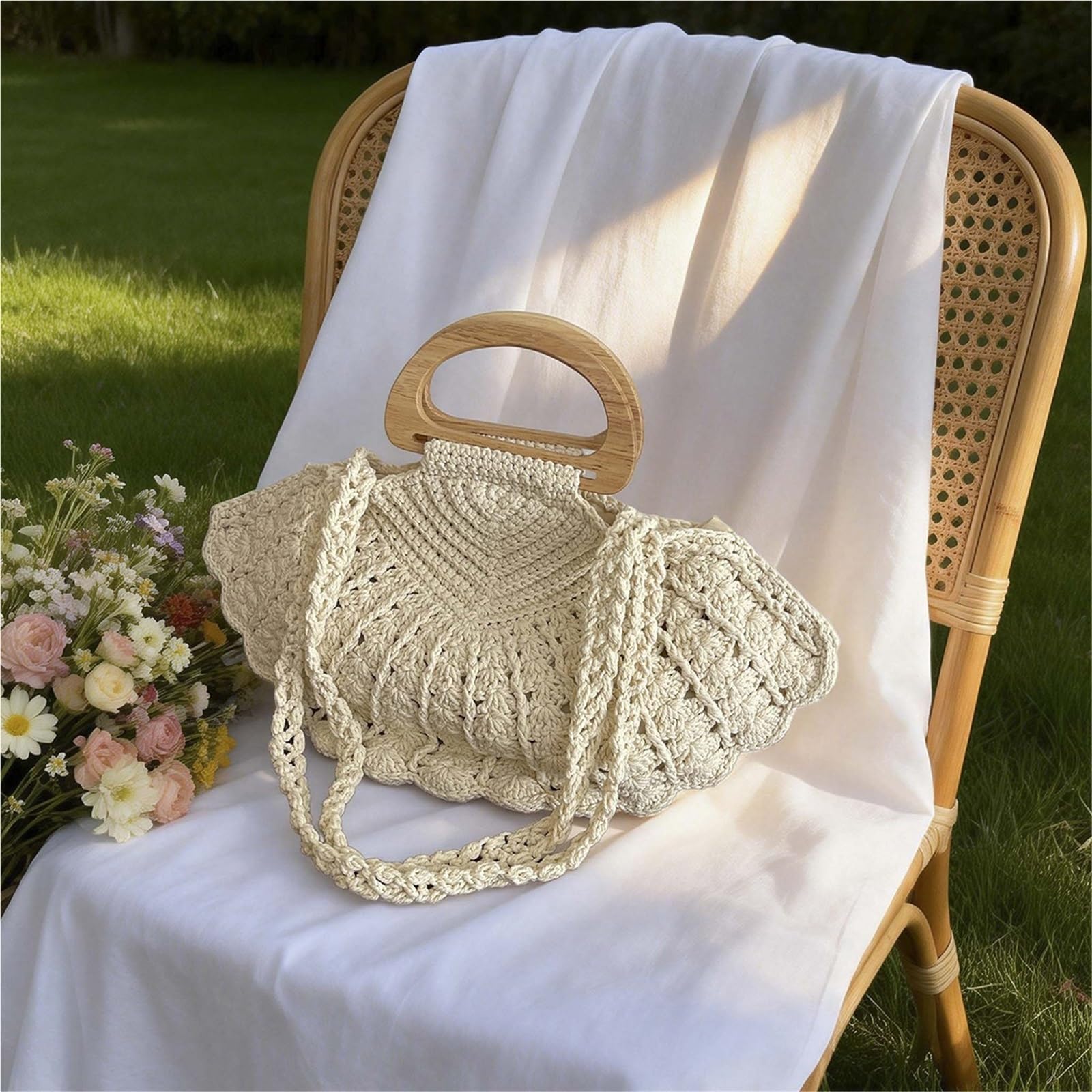 bolso mujer verano Bolso tejido de paja verano for mujer, bolso mano con asa superior madera, bandolera Retro bohemia