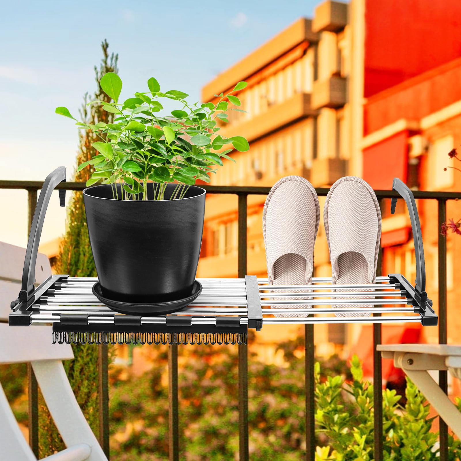 Stendino Estensibile da Balcone in Acciaio Inox, Piccolo 42-73 Cm | Pieghevole e Salvaspazio, Supporto Robusto 10kg, per Bagno e Balcone, Colori Nero e Argento