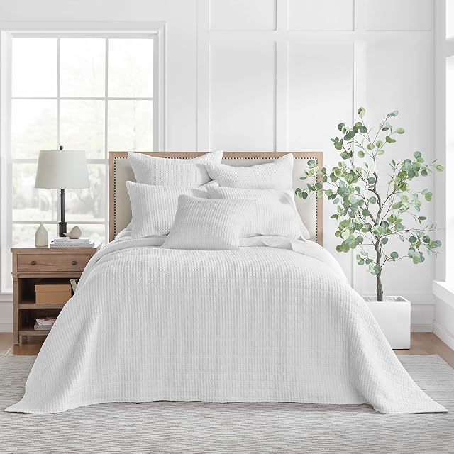 Levtex Home - Mills Waffle - King Bedspread Set - Bright White Cotton Waffle - Bedspread Size (120 x 104in.), Sham Size (36 x 20in.)