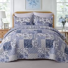 GOONE XL King Quilt Set, Blue White Floral, Reversible, 106" 96"