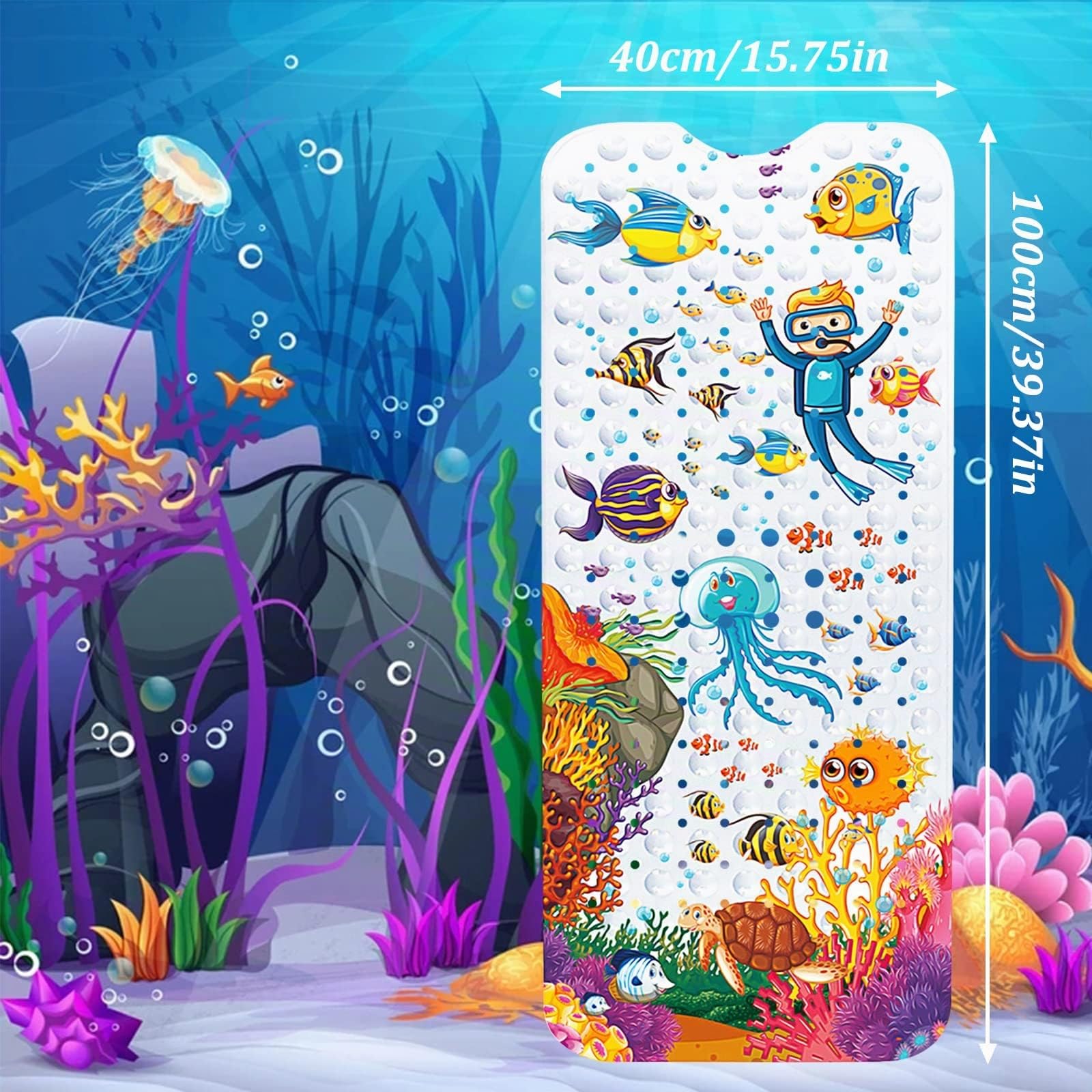 JOYBOY Tappetino Vasca Antiscivolo,100*40cm Tappetino Antiscivolo per Vasca da Bagno,Tappetino per vasca da bagno con 200 Ventose e Stampa di Oceano Animali a Colori Vivaci,Lavabile in Lavatrice
