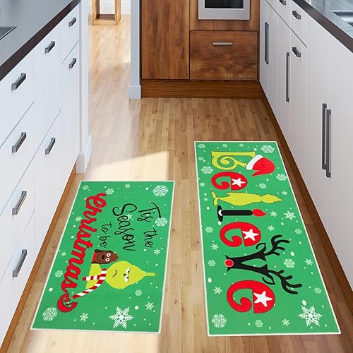 Miniatura 2 de WOBUBU Juego de 2 tapetes de cocina de Navidad, antideslizantes, lavables, para suelo, 2 piezas, absorbentes, para cocina, invierno, decoración de