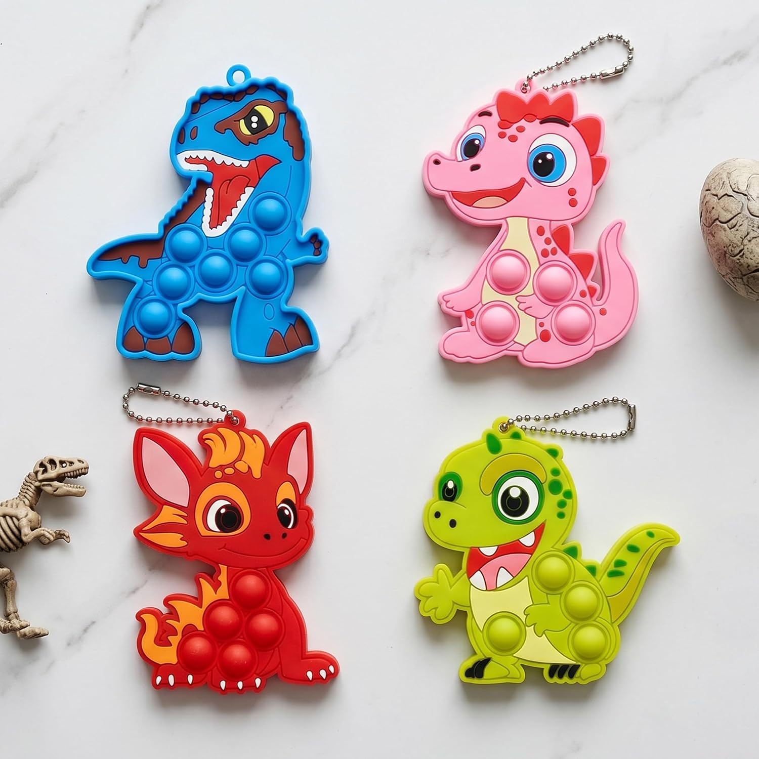 4 PCS Dinosaur Fidget Sensory Toys, Bubble Popper Keychain