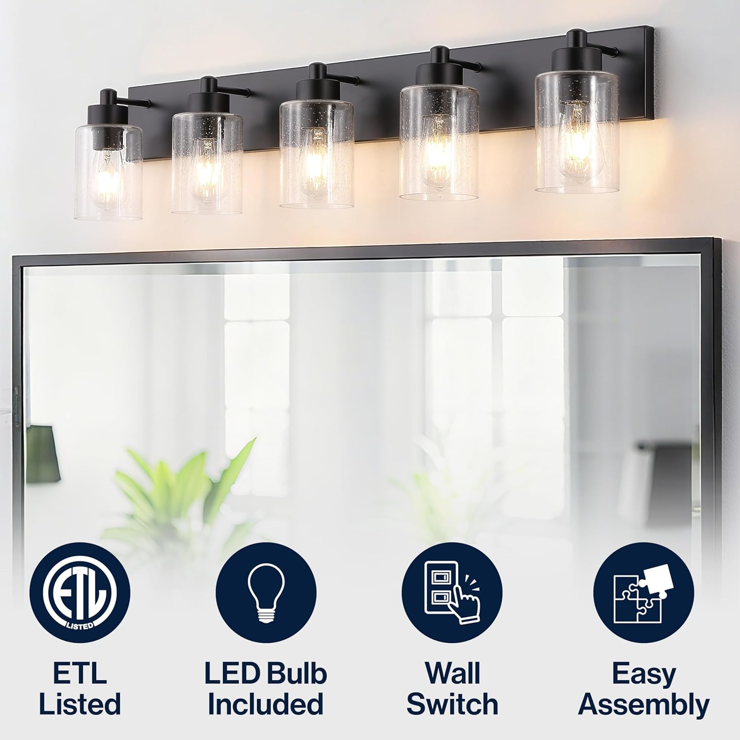 JONATHAN Y 36" Black/Clear 5-Light Modern LED Vanity Light for Bathroom Mirror, Mid-Century Wall Sconce with Clear Seeded Glass Shades, Contemporary Iron Fixture, LED Bulbs (JYL7620B)