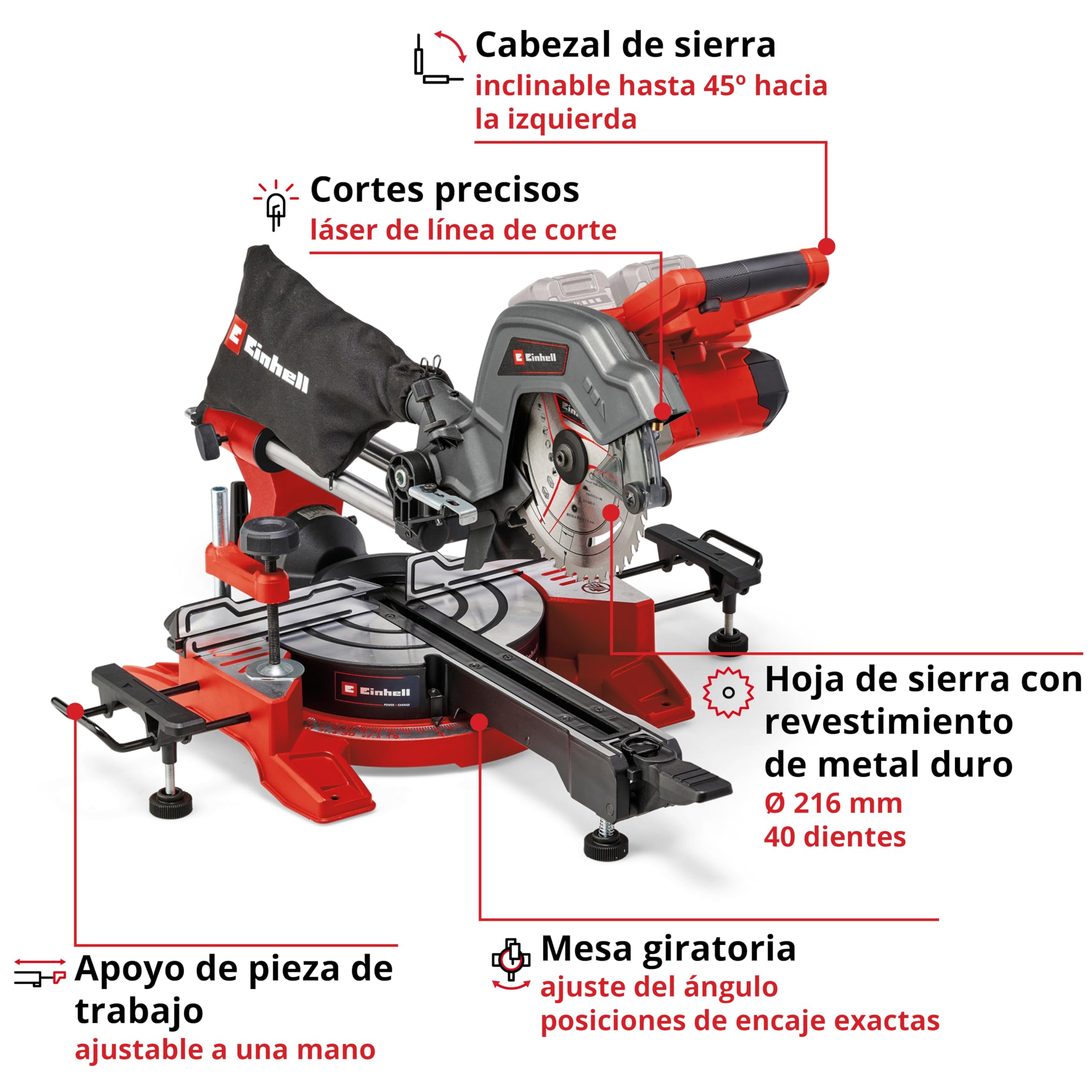 Sierra de tracción, vaivén e inglete con batería TE-SM 36/8 L Li-Solo Power X-Change de Einhell (36V, hoja de sierra Ø 216, mesa giratoria, función de tracción, láser de línea de corte, sin batería)