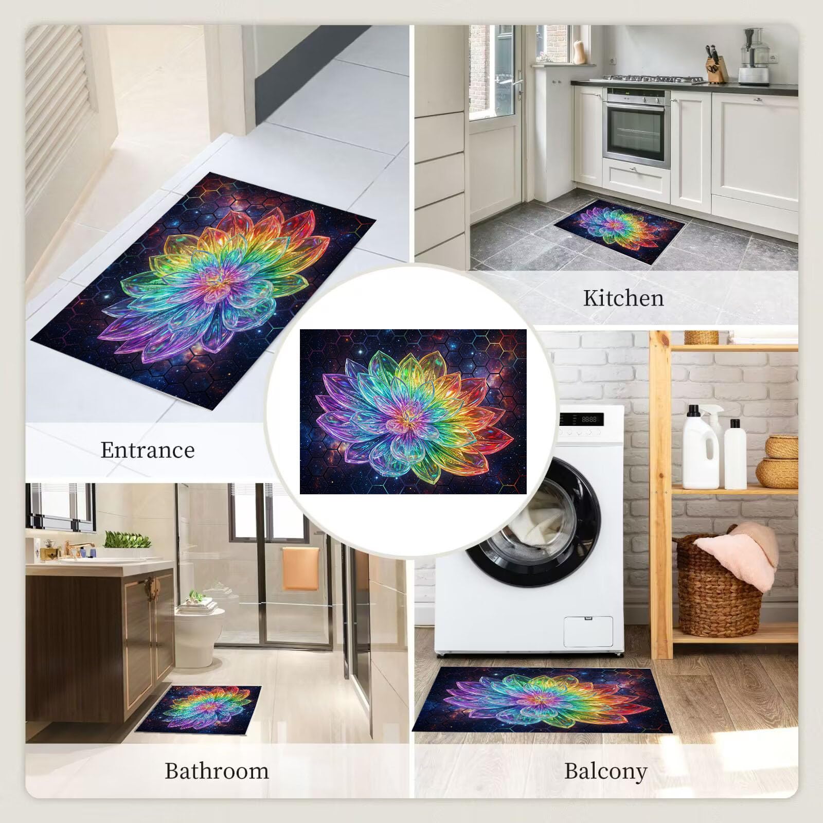 80X120Cm Zerbino Ingresso Interno Antiscivolo Assorbente, Tappeto Microfibra Sottile Lavabile Con Loto Cristallo Arcobaleno 3D Piante Del Futuro Cielo Stellato Per Cucina Bagno Porta Animali, Nero