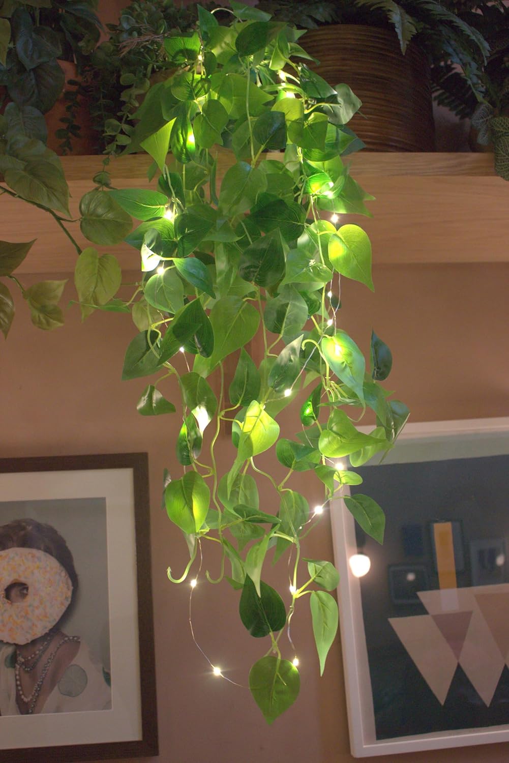 Artifical Hanging Real Look Plants, 3.5ft, 2 Pcs, Fake Hanging Ivy Plant, LED Option (with LED, Green Stripped)