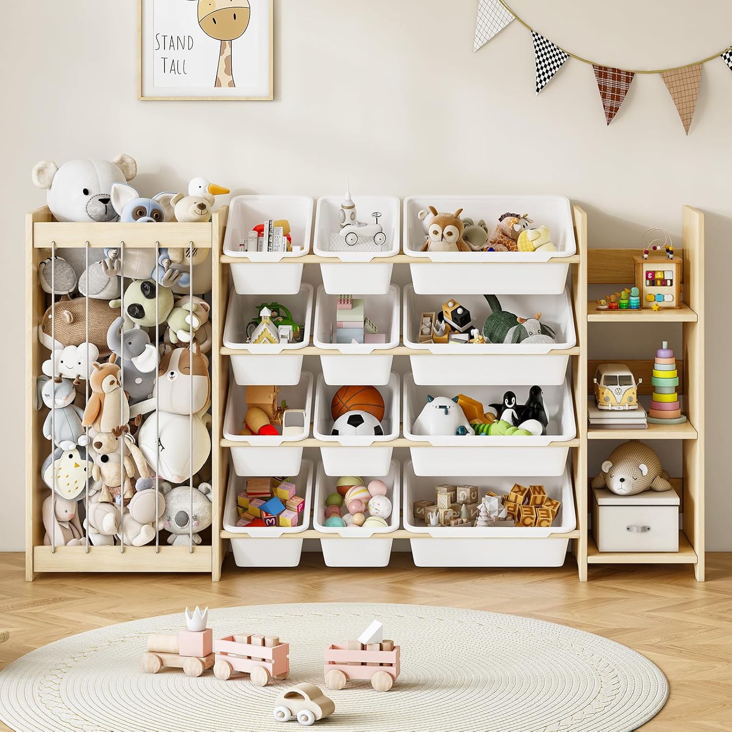 EXPERLAM 3-in-1 Solid Wood Toy Storage Organizer: Stuffed Animal Holder, 12 Bins & 3-Tier Bookcase for Kids Room, Playroom - White