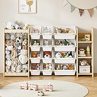 EXPERLAM 3-in-1 Solid Wood Toy Storage Organizer: Stuffed Animal Holder, 12 Bins & 3-Tier Bookcase for Kids Room, Playroom - White