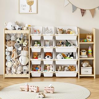 EXPERLAM 3-in-1 Solid Wood Toy Storage Organizer: Stuffed Animal Holder, 12 Bins & 3-Tier Bookcase for Kids Room, Playroom - White