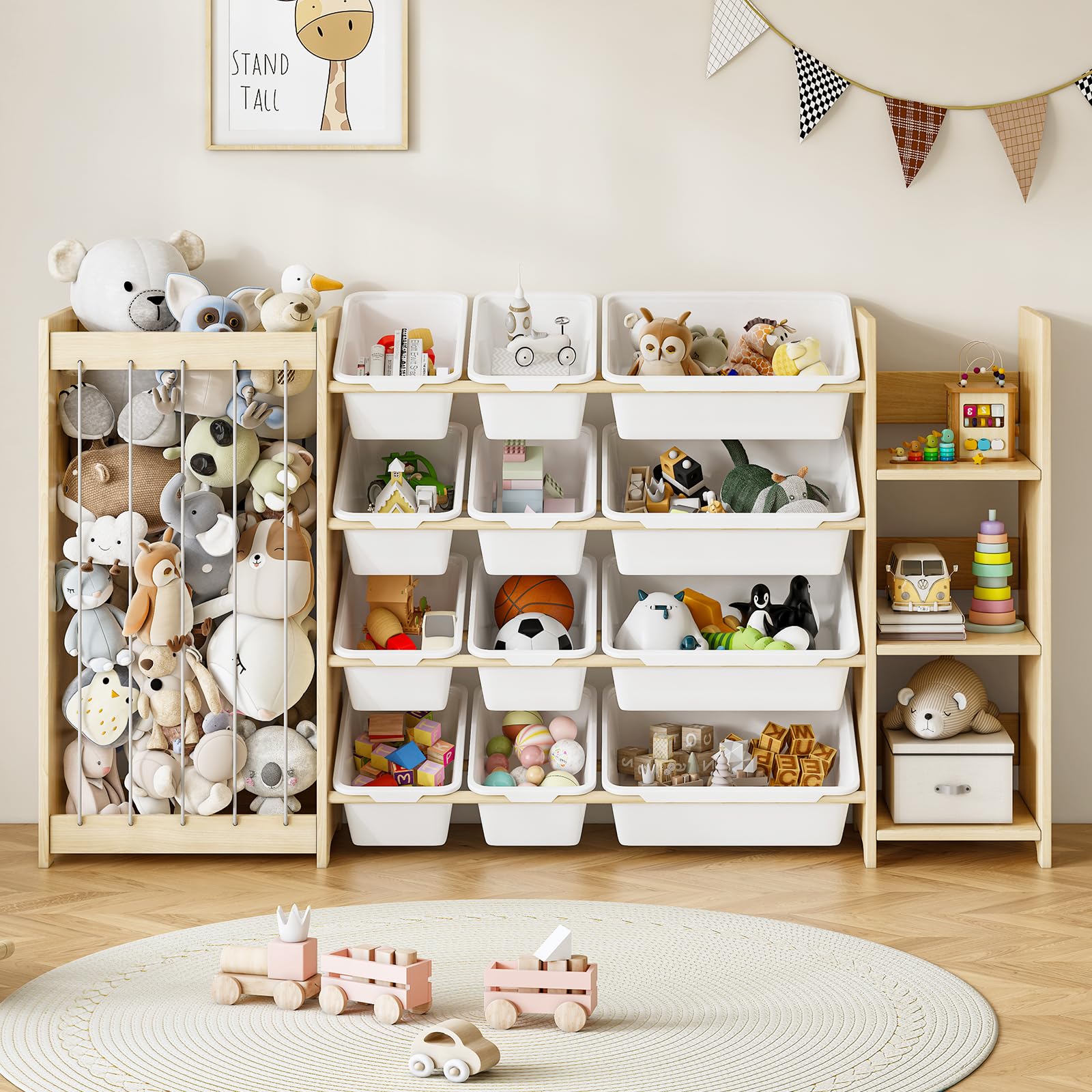 3-in-1 Toy Storage Organizer, Stuffed Animal Holder & 3-Tier Bookcase, Solid Wood Toy Organizer with 12 Storage Bins, Space-Saving Toy & Book Shelf for Kids Rooms, Bedroom, Playroom, White