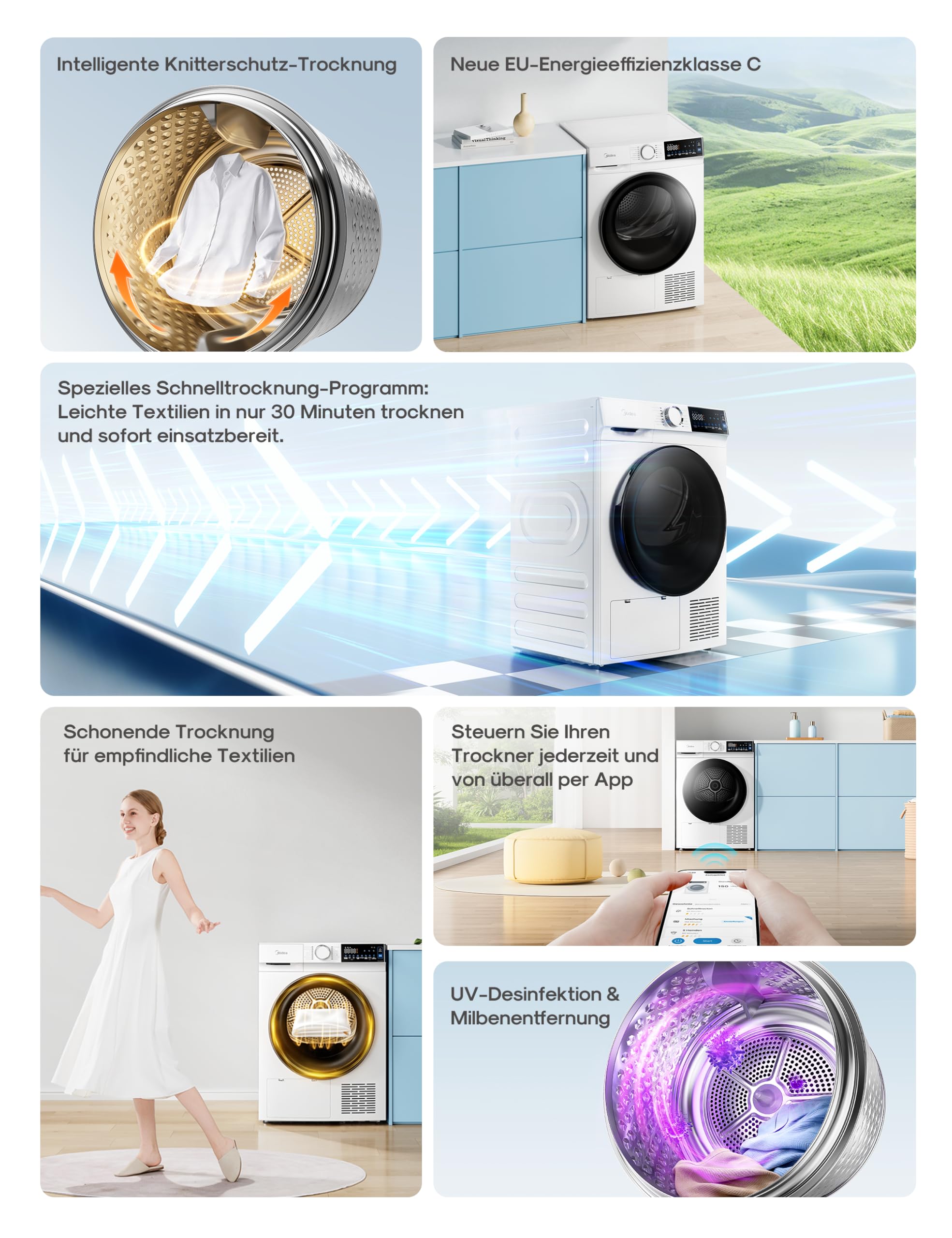 Midea Serie V5 Wärmepumpentrockner, 9 kg, Energieklasse C, WLAN-Steuerung, 30 Minuten Schnelltrocknung, UV-Desinfektion mit Milbenentfernung, Knitterschutz, Inverter-Motor, Weiß, MDV5EH90WBC