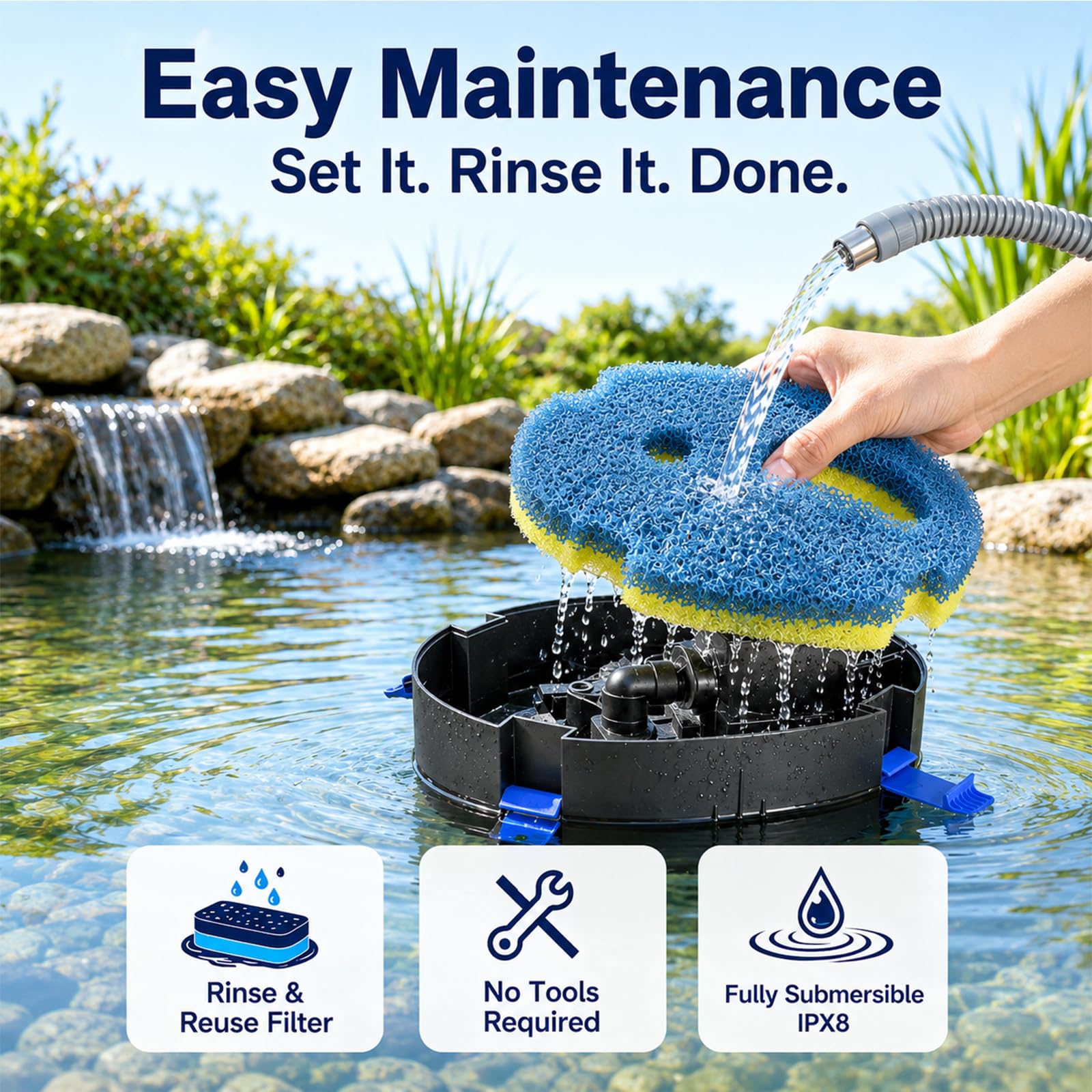 Harune Pompa filtrante per laghetto da 3000 l/h con chiarificatore UV da 8 W, pompa sommergibile per fontana sommergibile da 40 W, per laghetti da giardino, cascate e giochi d'acqua, filtrazione
