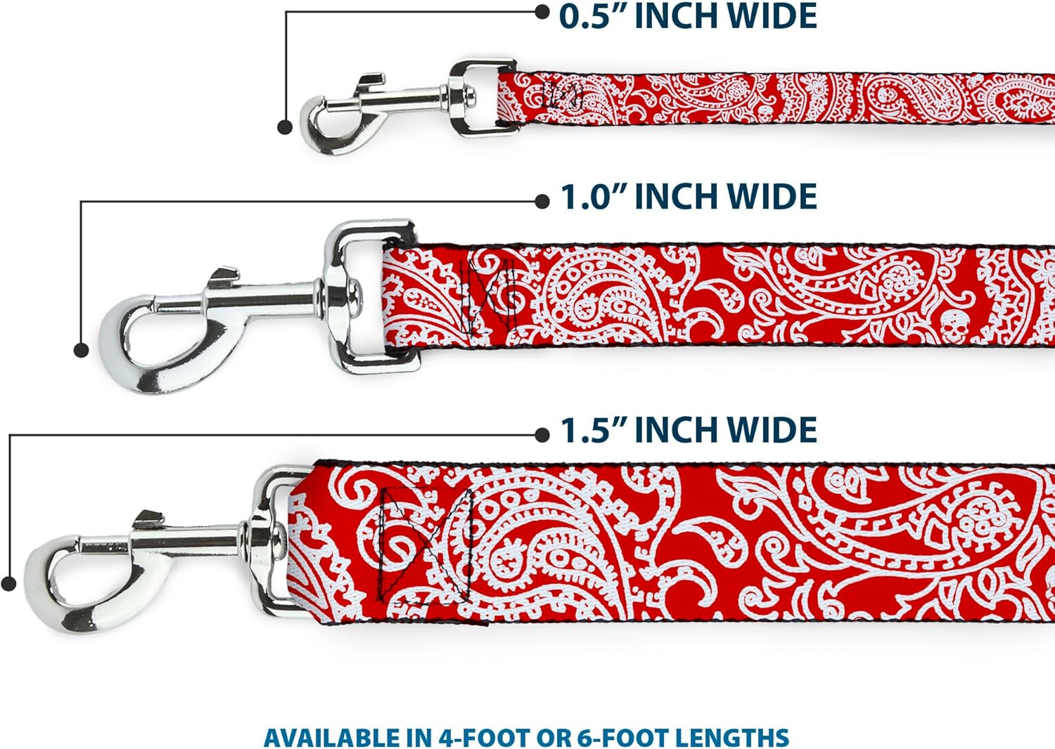Dog Leash Bandana Skulls Red White 6 Feet Long 1.0 Inch Wide