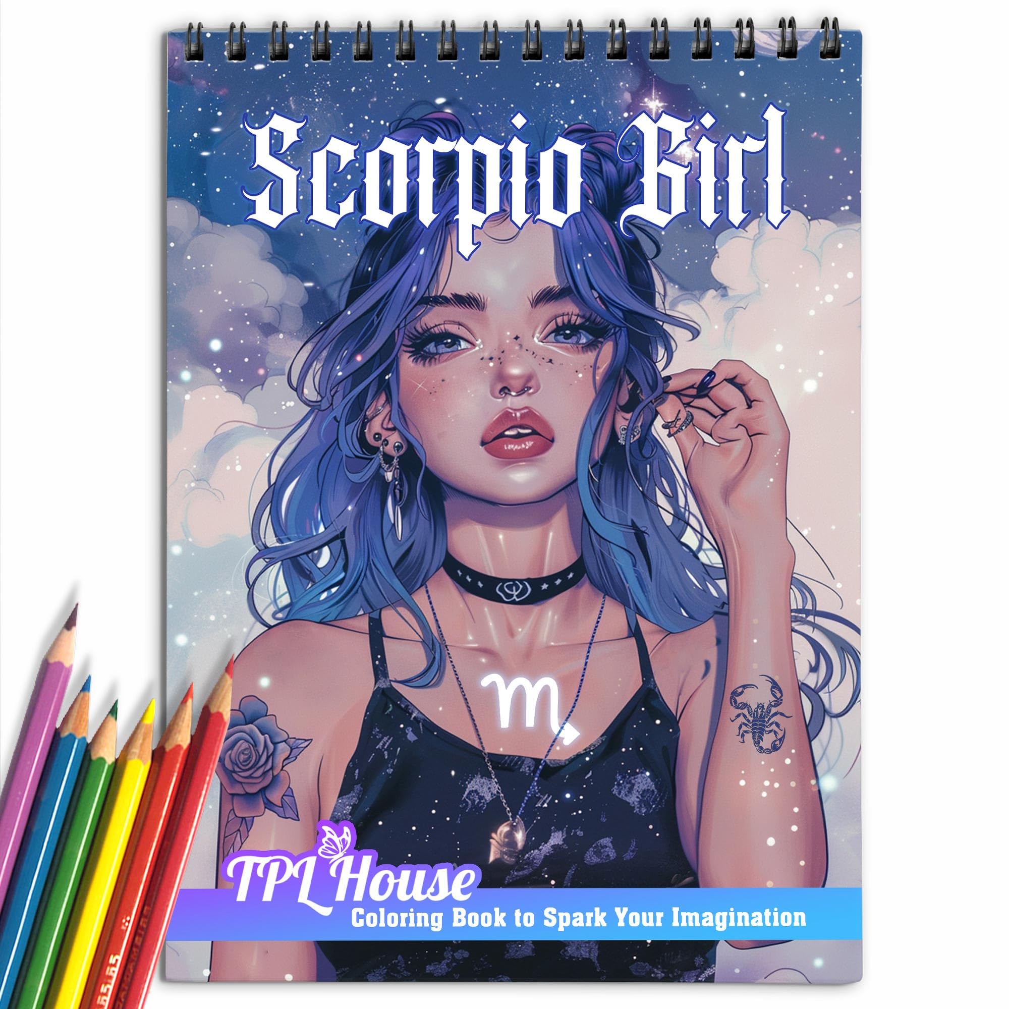 TPLHOUSE Scorpio Girl Coloring Book Spiral Bound for Adults and Teen Girls, Premium Cover, 30 Astrological Coloring Pages of Scorpio Sign for Stress