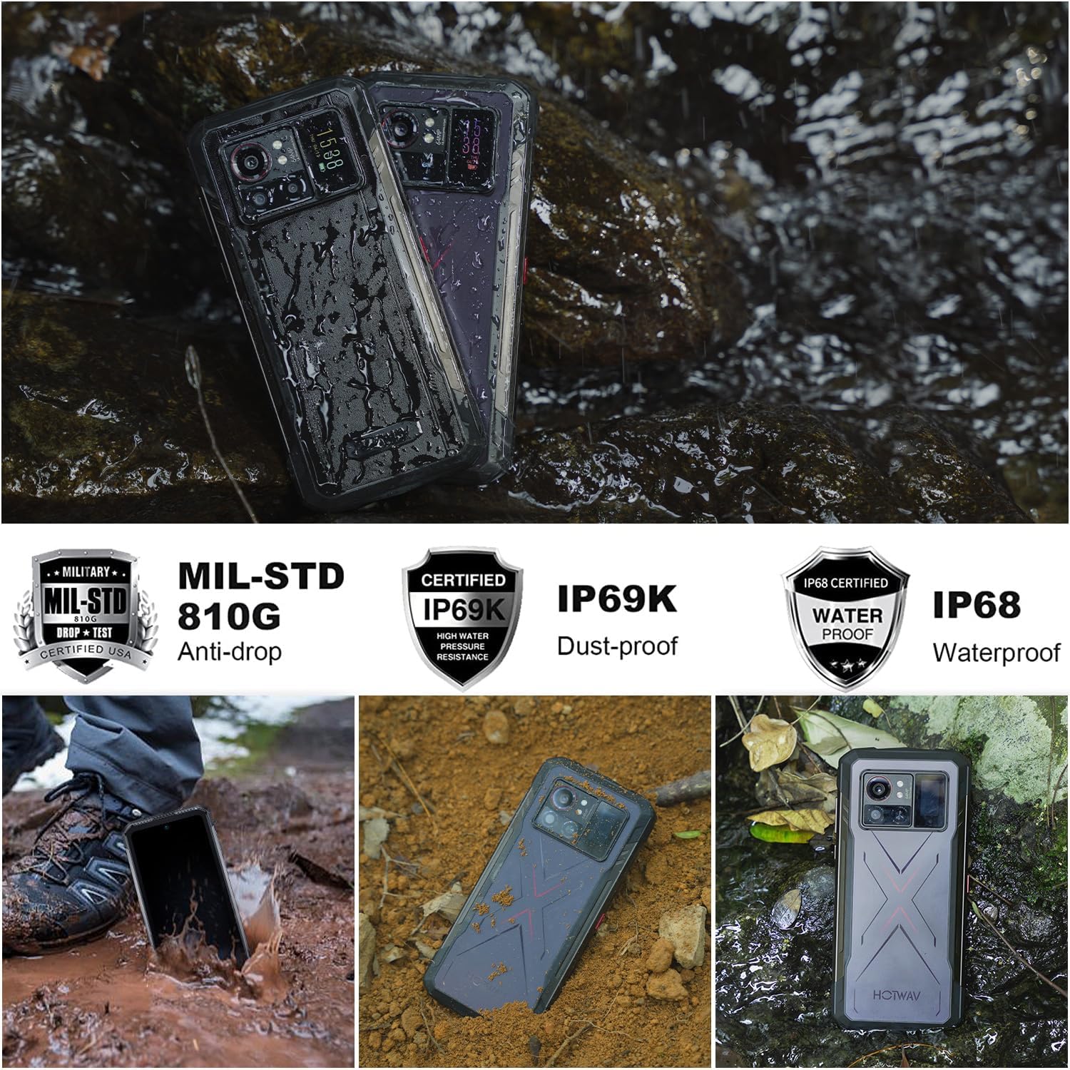 HOTWAV Cyber X demonstrating its MIL-STD 810G anti-drop, IP69K dust-proof, and IP68 waterproof certifications with images of the phone in water, mud, and being dropped.