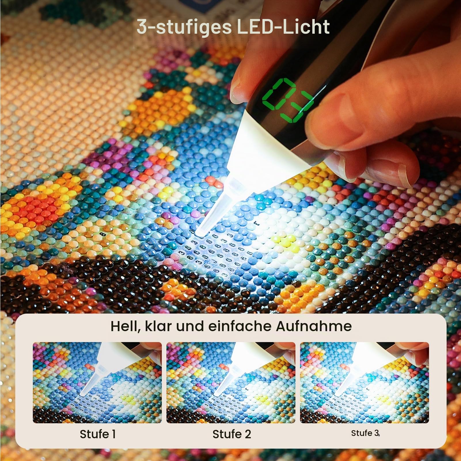 PP OPOUNT Elektrischer Diamond Painting Stift Gold mit LED Licht & Display, 3 Saugstufen, Kabellos & Wiederaufladbar, Leiser Vacuum Stift, Ergonomisches Diamond Painting Zubehör für Erwachsene