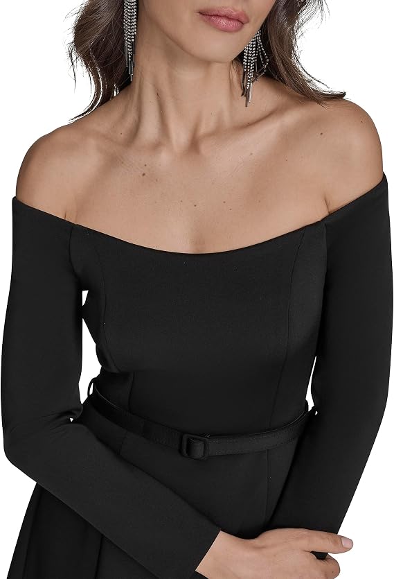 BCBG Women's Off the Shoulder Long Sleeve Belted A-line Mini Dress
