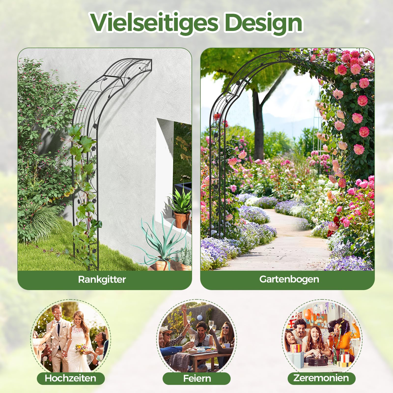 GOPLUS Rosenbogen aus Metall, Torbogen mit 7 wandelbaren Formen, Rankbogen Rankhilfe Gartenbogen, Metallbogen, oder als Halbbogen, für Kletterpflanzen, 150 x 39 x 252cm