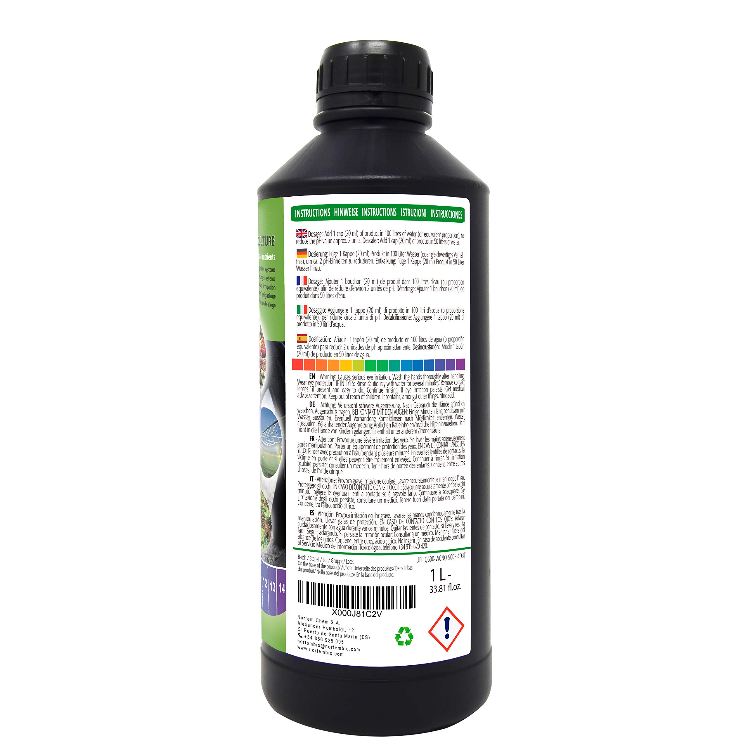Nortembio Agro Reductor de pH Ecológico 1 L Corrector Natural para Plantas y Cultivos, Desincrustante de Riego, Mejora el Sabor, Aroma y Crecimiento - Uso Universal