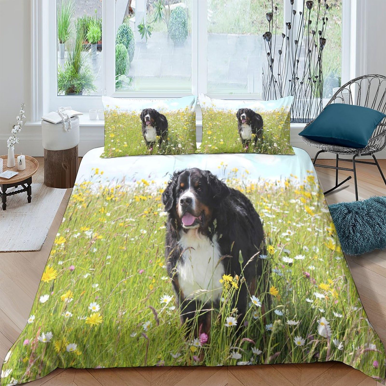 Ctjqhvkz Style-10 3D Printed Meadow Bernese Mountain Dog Fitted Sheet Microfiber Soft Non-Slip Bed Cover For Bedroom Guest Room Decor Single（135X200cm）