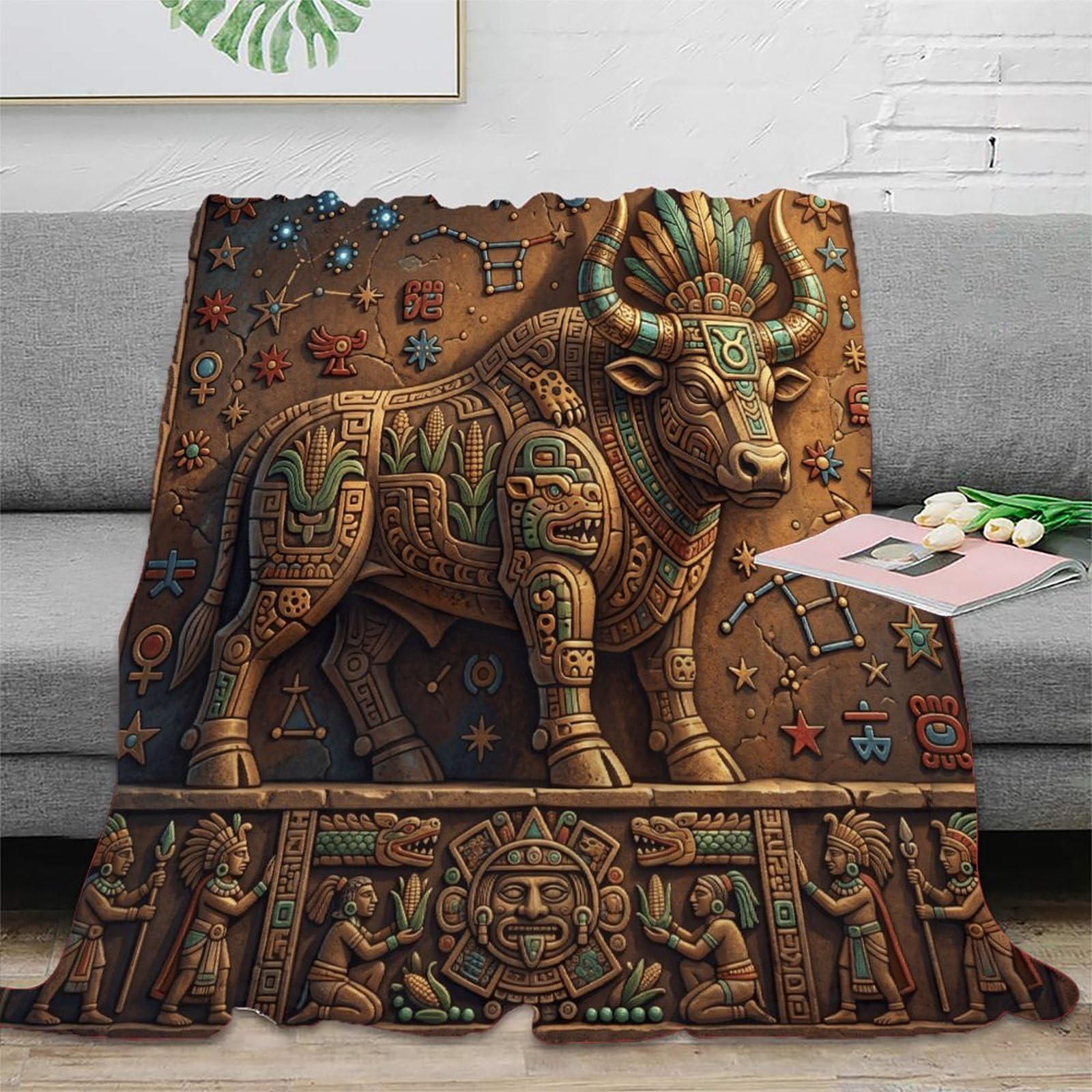 W7C8U2X3 Taurus Zodiac Aztec Art Flannel Throw Blanket, Camping Car Travel