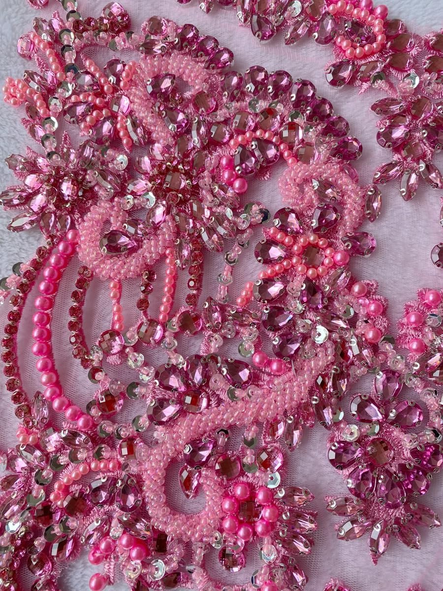 Handmade Beaded Appliques and Patches with Crystals Rhinestones Sew on Lace Sewing Accessories for Wedding Prom Crafts DIY Dresses Gowns Decoration (Pink)