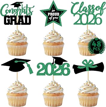48 PCS Grad Cupcake Toppers, Glittery Congrats Graduation Cake Topper, 6 Styles Graduation Decorations, Black and Green Cap and Diploma Cake Picks for Class of 2026 Grad Party Decorations Supplies