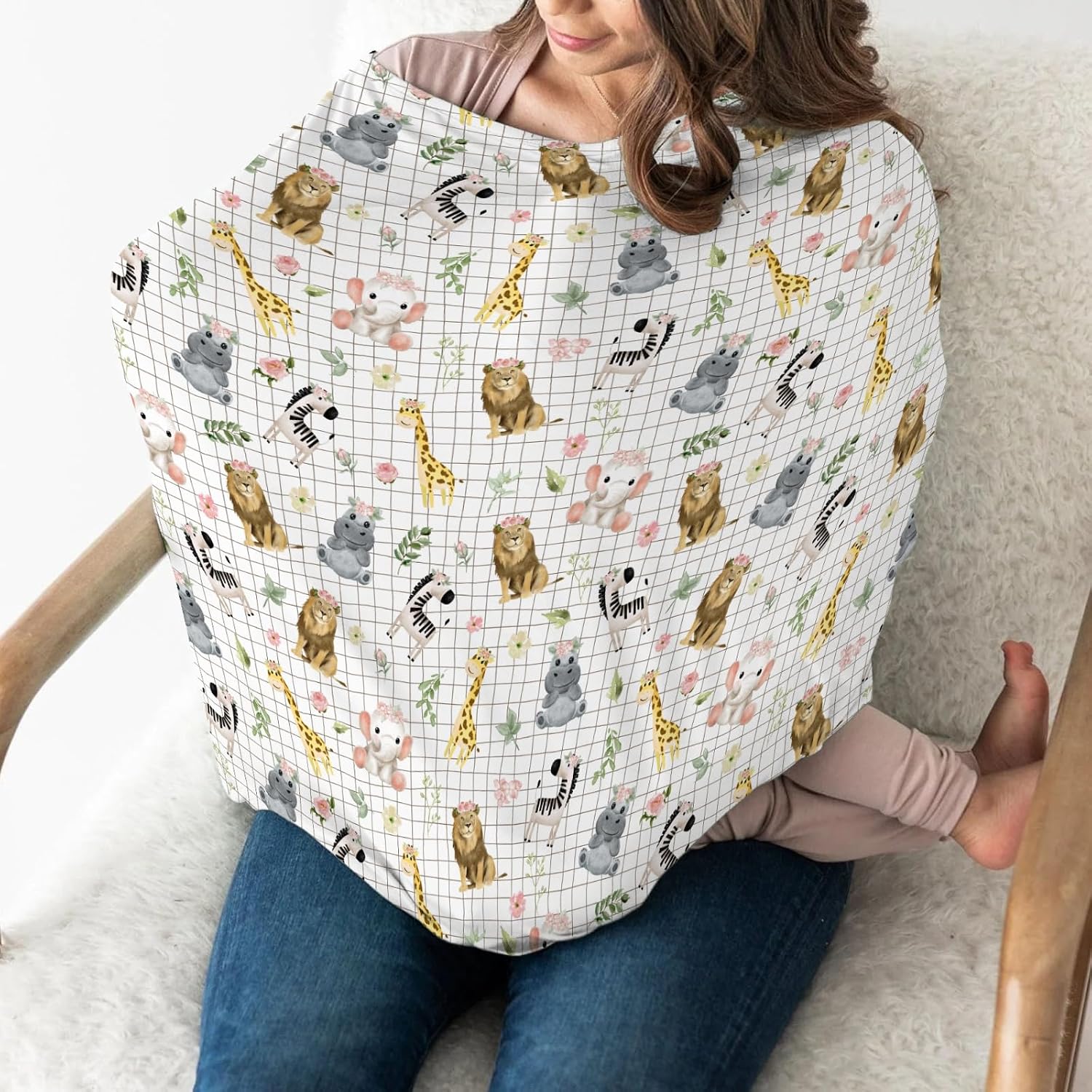 African Safari Animals Car Seat Cover for Babies Elephant Lion Giraffe Hippo Tropical Flower Leaves Stretchy 5-in-1 Cover Adjustable Infant Carseat Cover Canopy Zoo Jungle Breathable Nursing Cover-Up