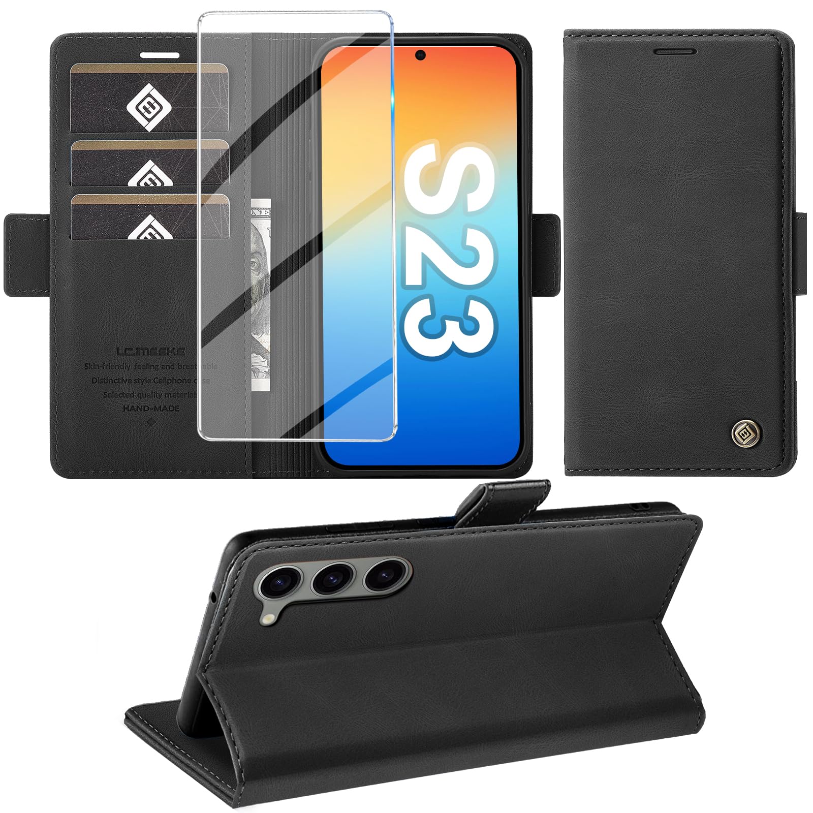 Giyer Handyhülle für Samsung Galaxy S23 5G Hülle mit Schutzfolie, Standfunktion Kartenfach Wallet Premium Leder Schutzhülle S23 5G Flip Case Cover Stoßfeste Klapphülle S23 5G 6.1 Zoll (Schwarz)