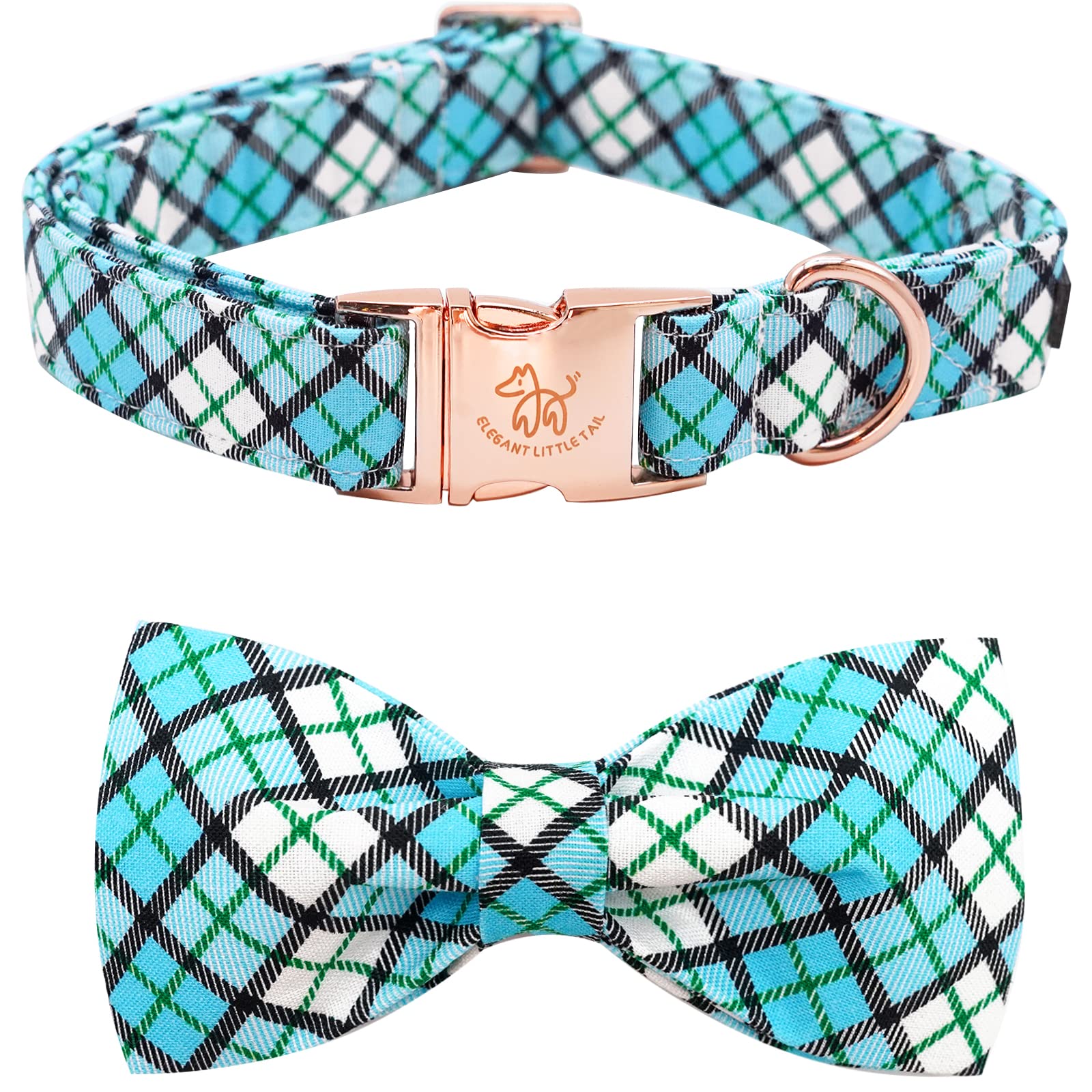Elegant little tailDog Collar, Blue Plaid Print Dog Collar with Bow Boy Dog Collar Pet Collars Soft Dog Bowtie Gift Adjustable Dog Collar for Small Medium Large Dogs