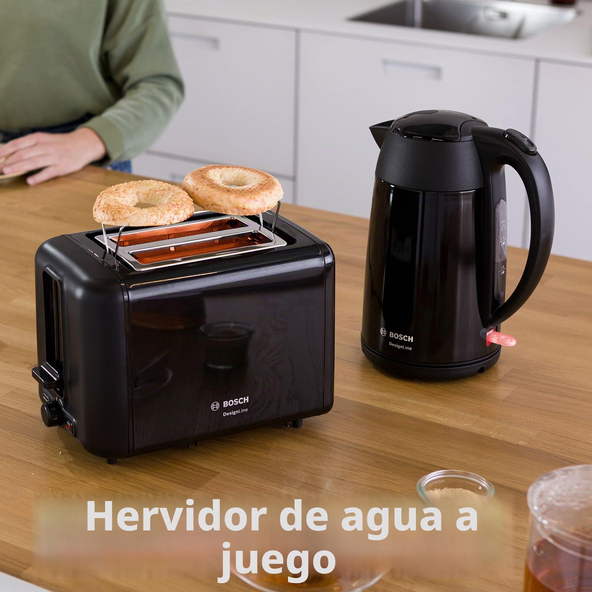 Bosch TAT3P423GB DesignLine Tostadora de acero inoxidable, dos rebanadas - Negro
