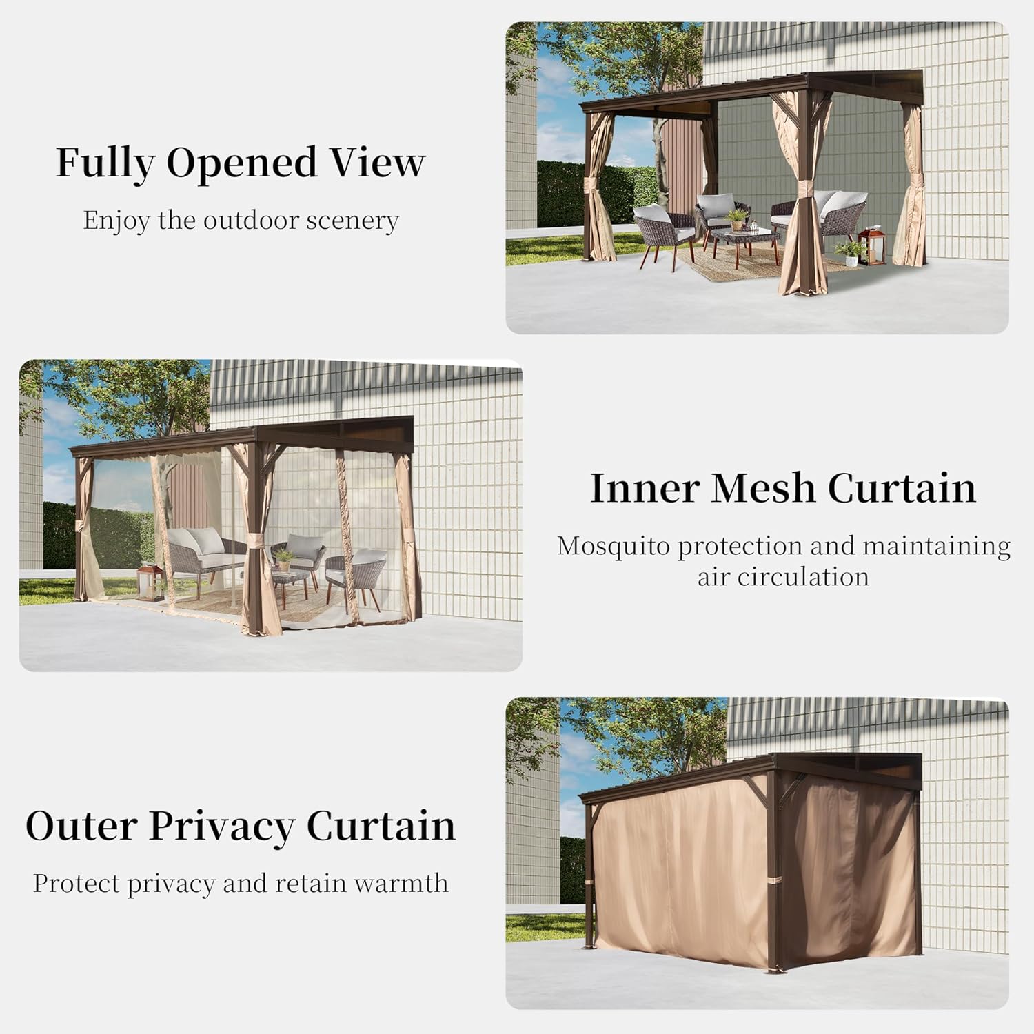 Три views of the gazebo showing curtains: fully open, inner mesh curtain closed, and outer privacy curtain closed.
