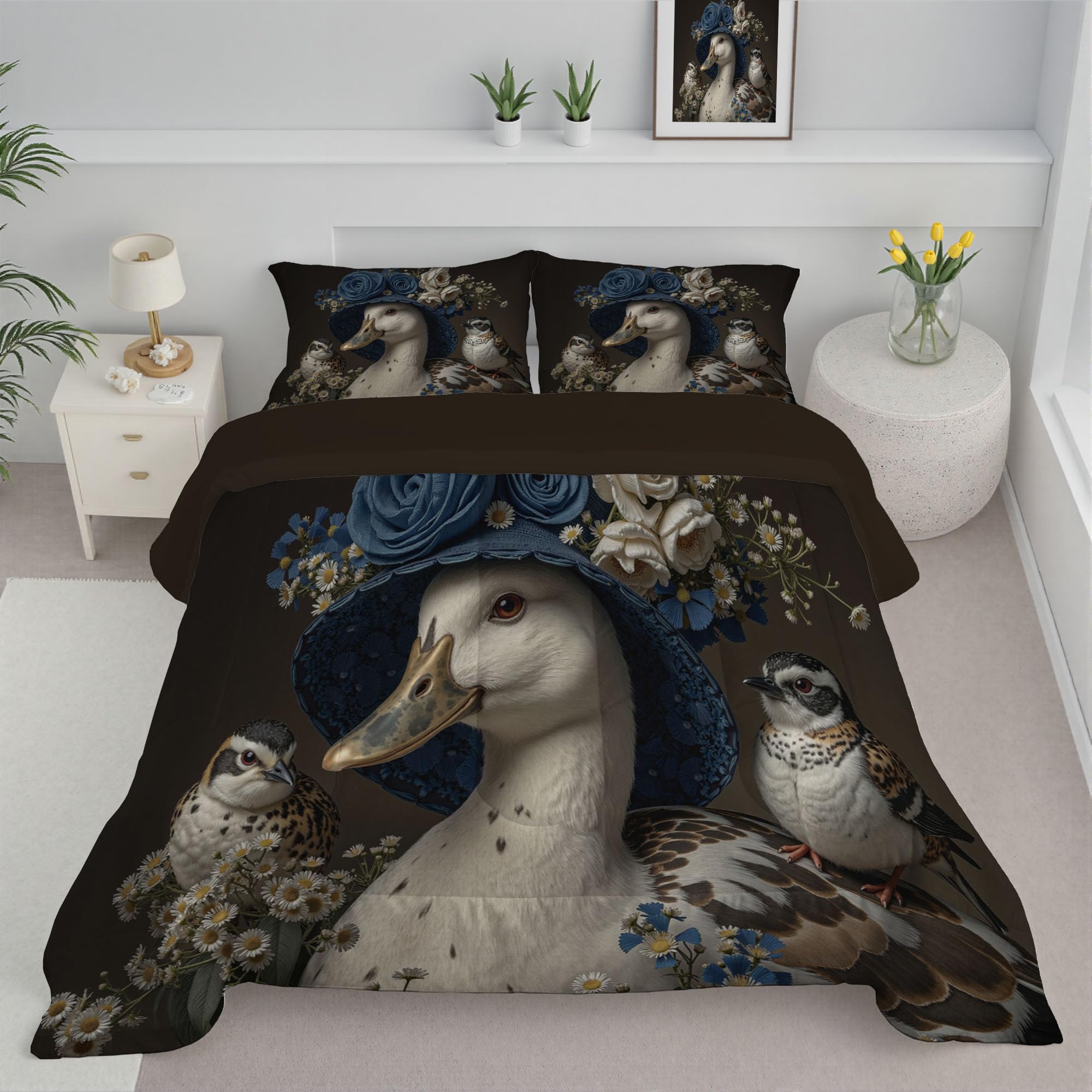 Trapunta Letto Singolo 4 Stagioni Piumone per Bambini, Carino Papero Leggero Fiori Di Campo Rose Set di Biancheria da Letto 140x200cm con 1 Federe,Piumino Lavabile In Lavatrice