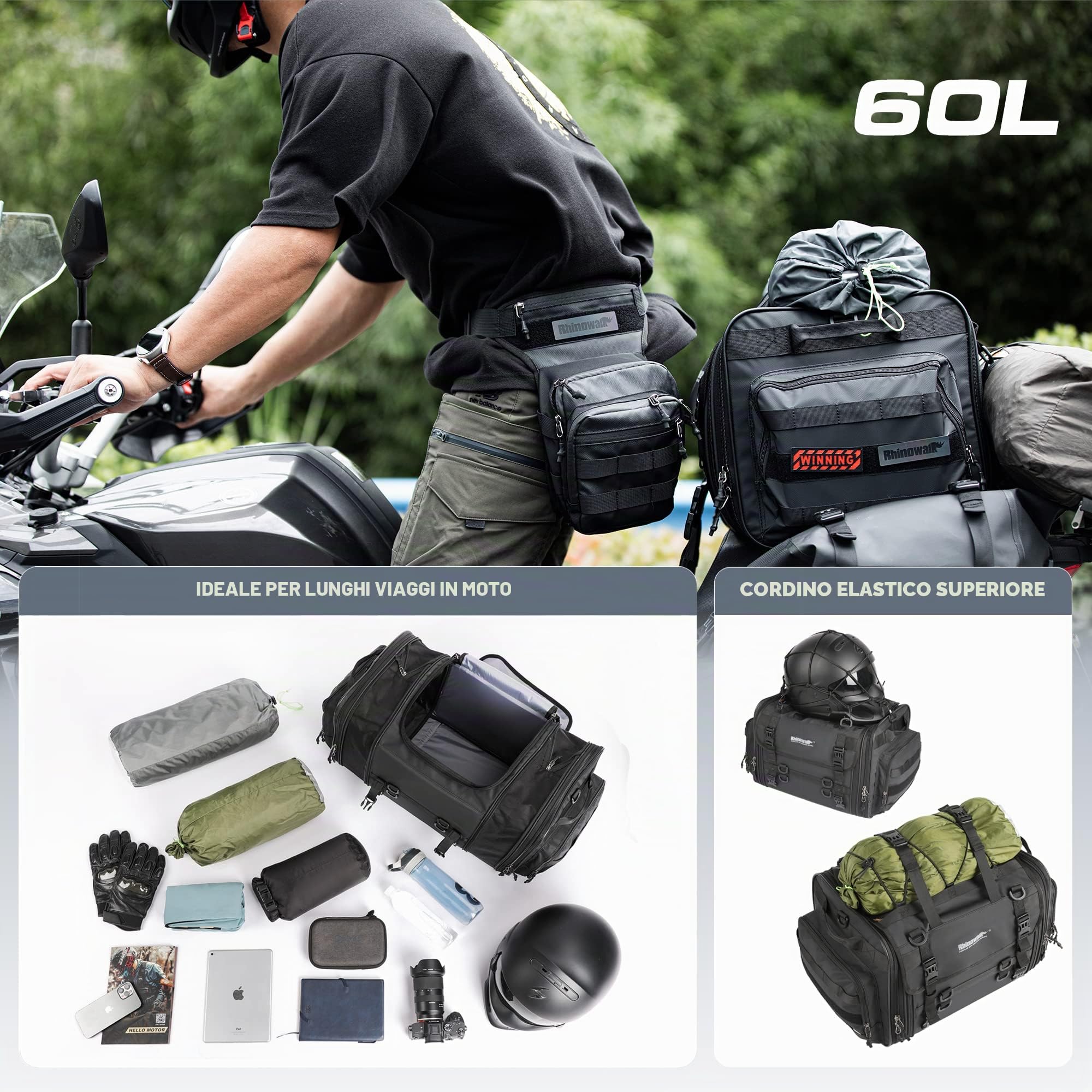 BAIGIO Borsa da sella moto 40-60L impermeabile estensibile riflettente per moto turismo ADV, standard, cruiser, scooter, auto, campeggio