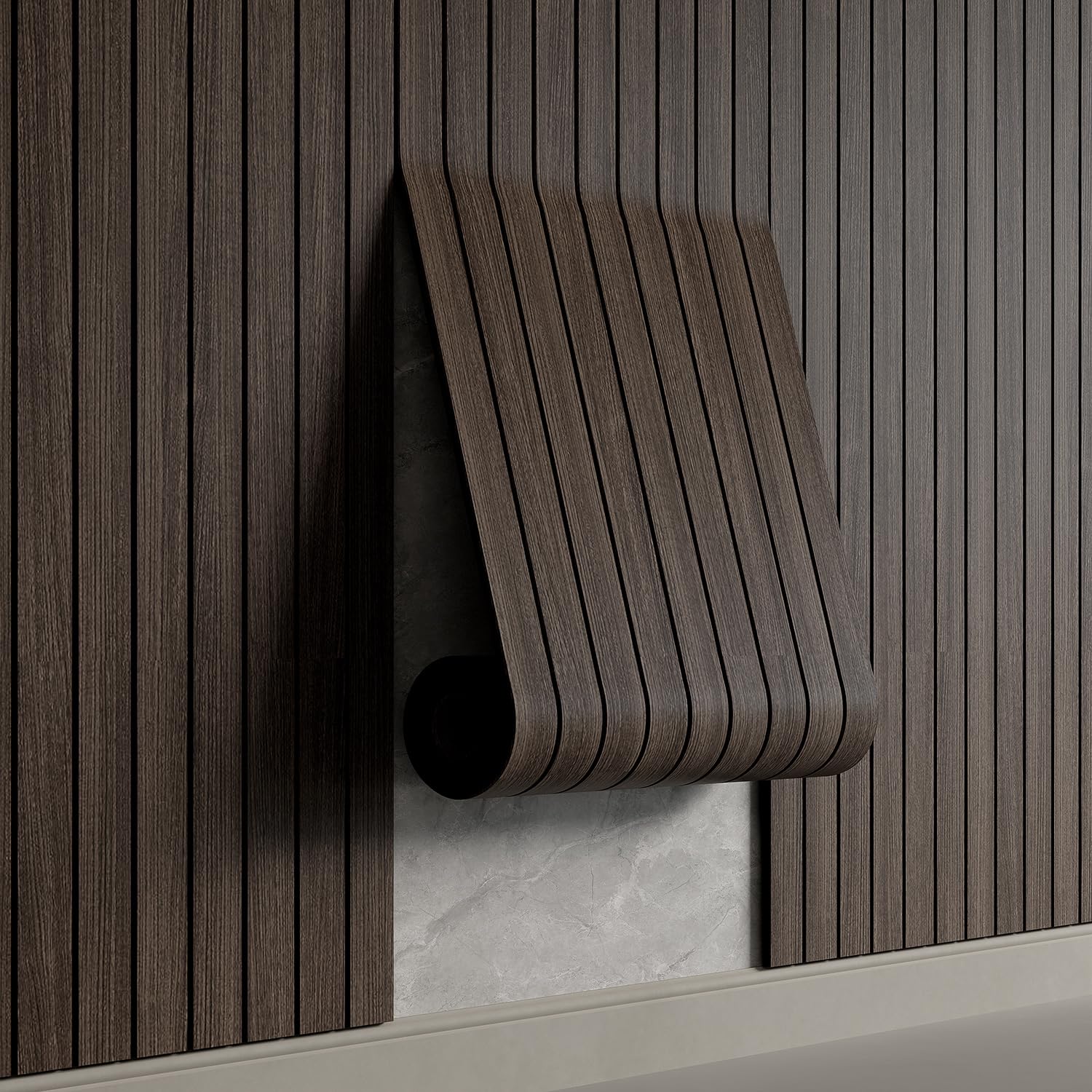 Photo 1 of YU LI 3DH Peel and Stick PVC Slat Wall Panel 118"x15.75" Self-Adhesive Thick Faux Smoked Wood Grain Wallpaper Panel 3D Soundproof Wall Panels for Walls & Ceilings