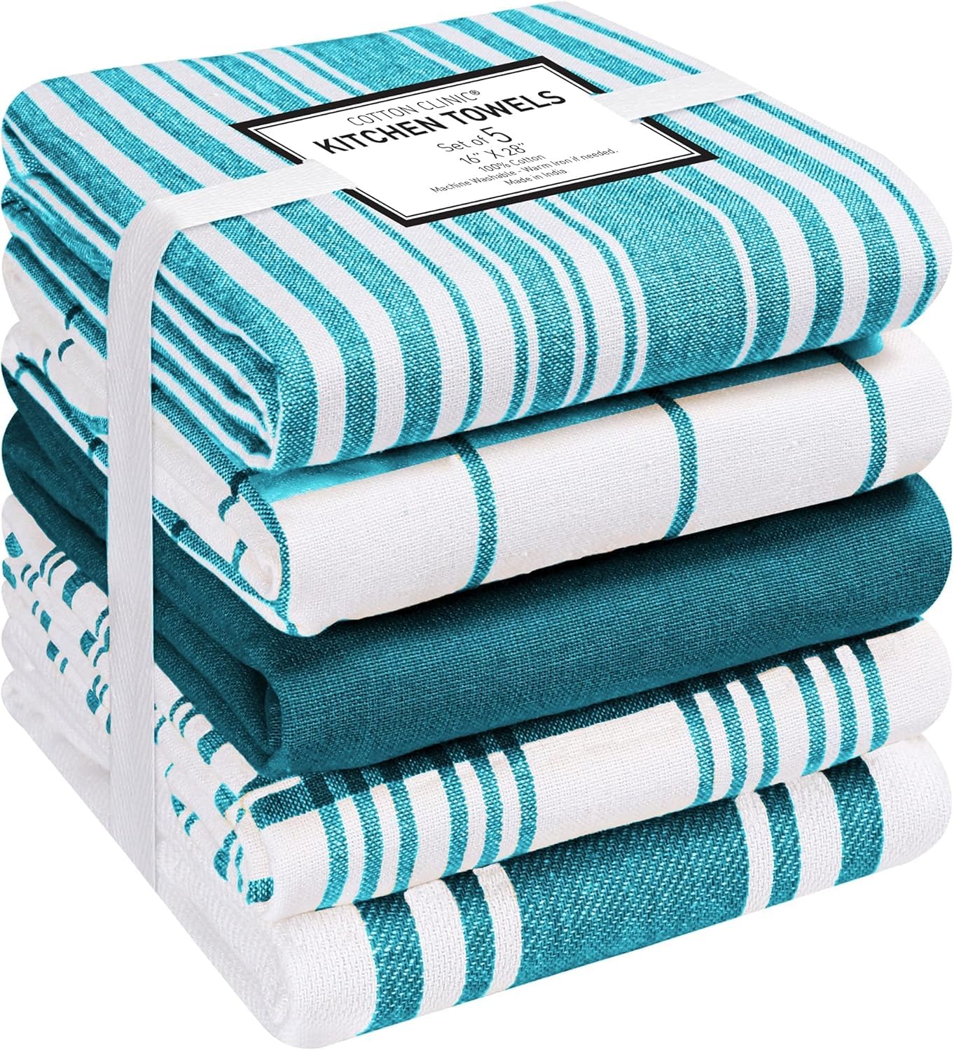 Cotton ClinicAssorted Kitchen Towels 5 Pack - Soft Absorbent Quick Drying Table and Kitchen Linen - Dish Towels, Dish Cloths, Tea Towels and Cleaning Towels with Hanging Loop - 16 x 28 / Teal White