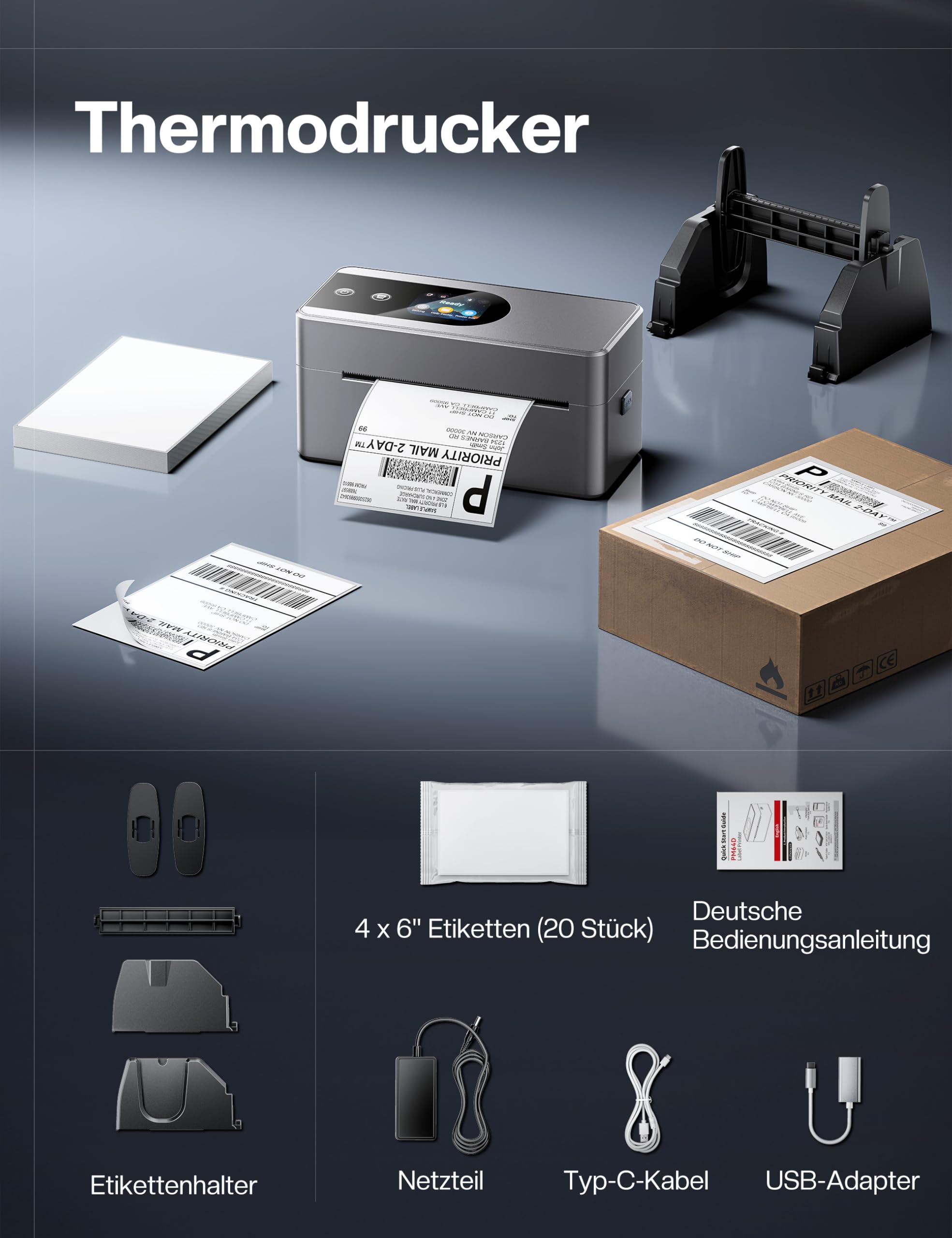 Phomemo Touchscreen Versandetiketten Drucker, PM64D Bluetooth Label Printer | Etikettendrucker DHL, Labeldrucker 4x6, Thermodrucker für Barcode, Kompatibel mit Amazon, Vinted, DHL, DPD, UPS, FedEx, Grau