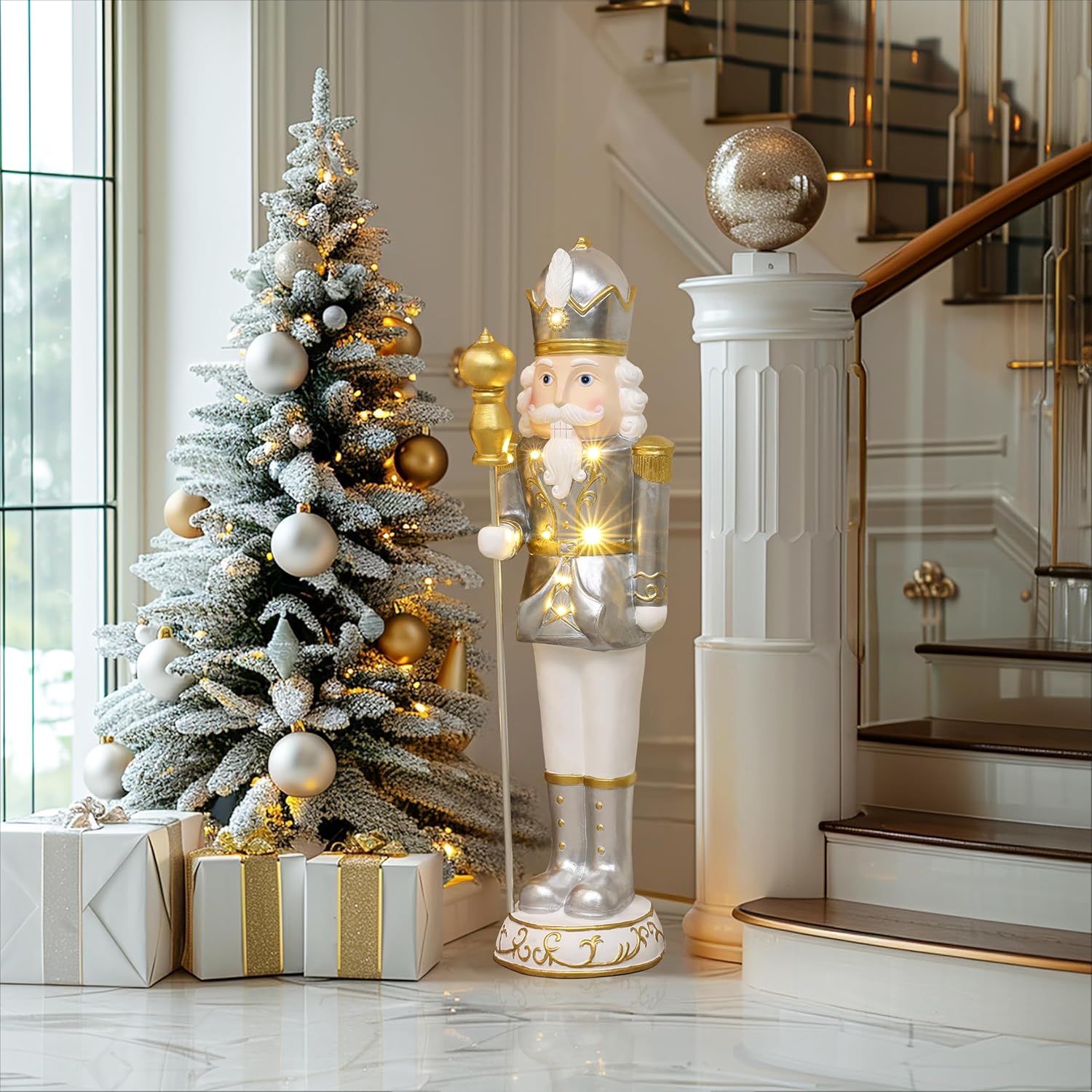 LuxenHome 3Ft Tall Traditional Nutcracker King in White with Lights