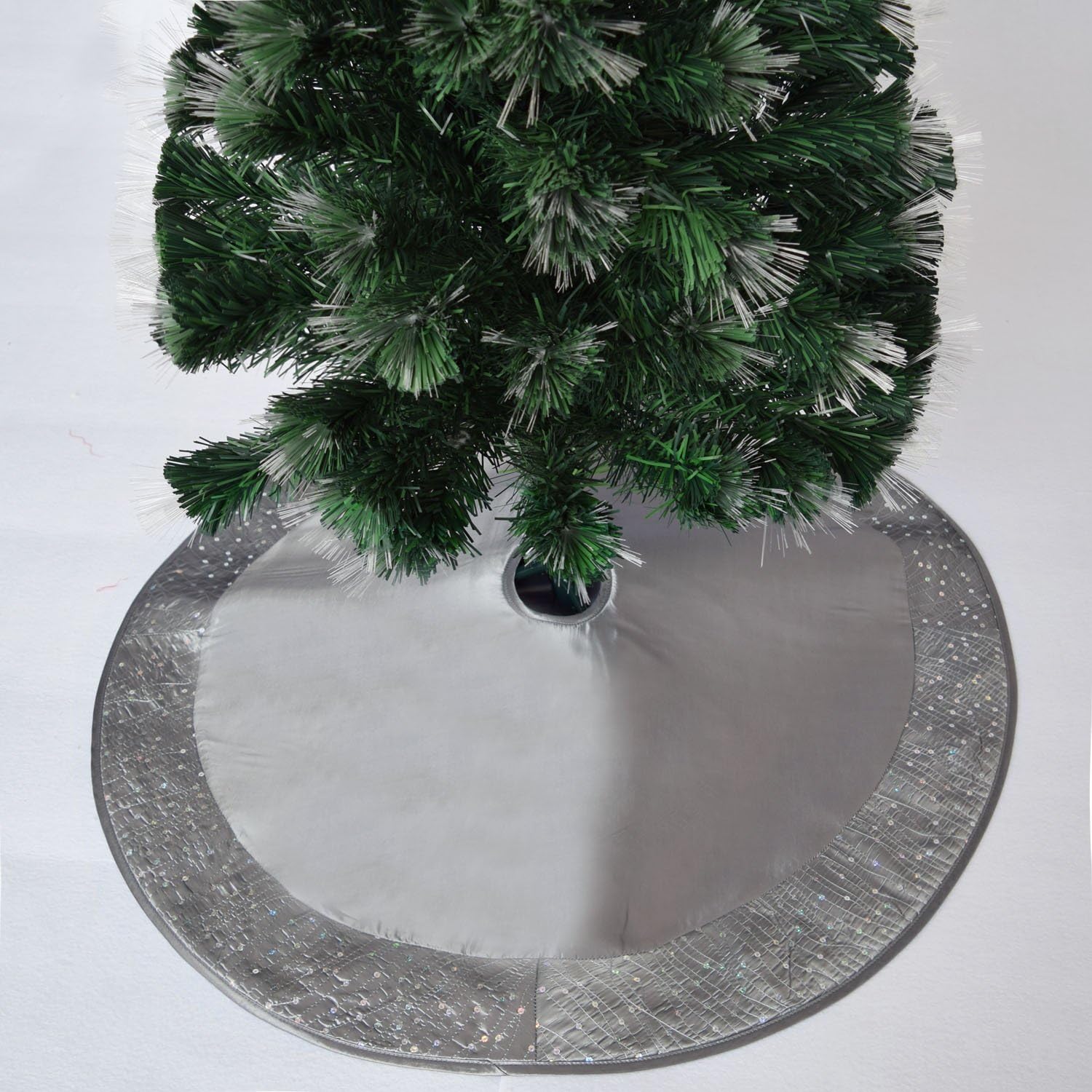 Gireshome Silver Faux Silk Satin Center, Sparkle Glitter Sequin Border, Christmas Tree Skirt - Image 3