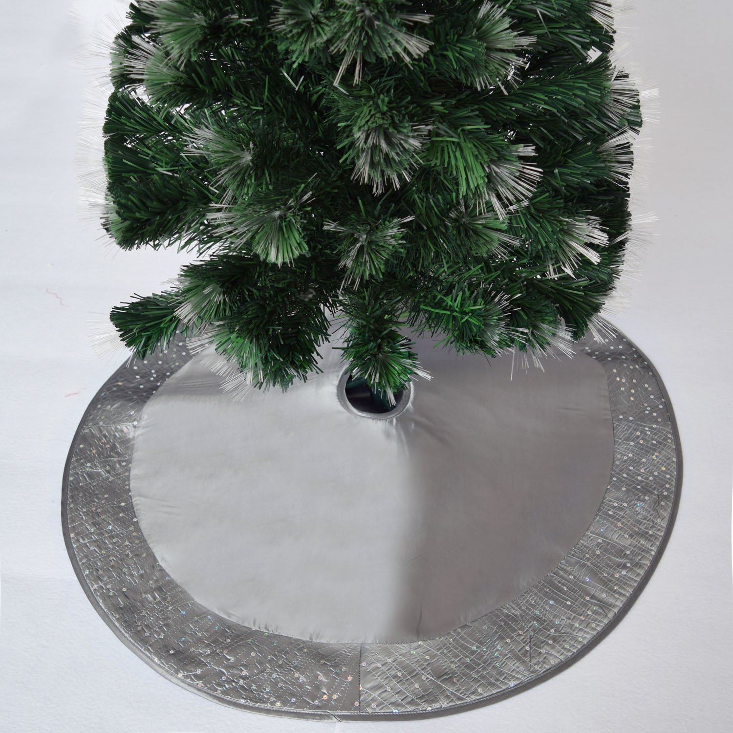 Gireshome Silver Faux Silk Satin Center, Sparkle Glitter Sequin Blingbling Border Christmas Tree Skirt,Xmas Christmas Holiday Party Decoration-36inch