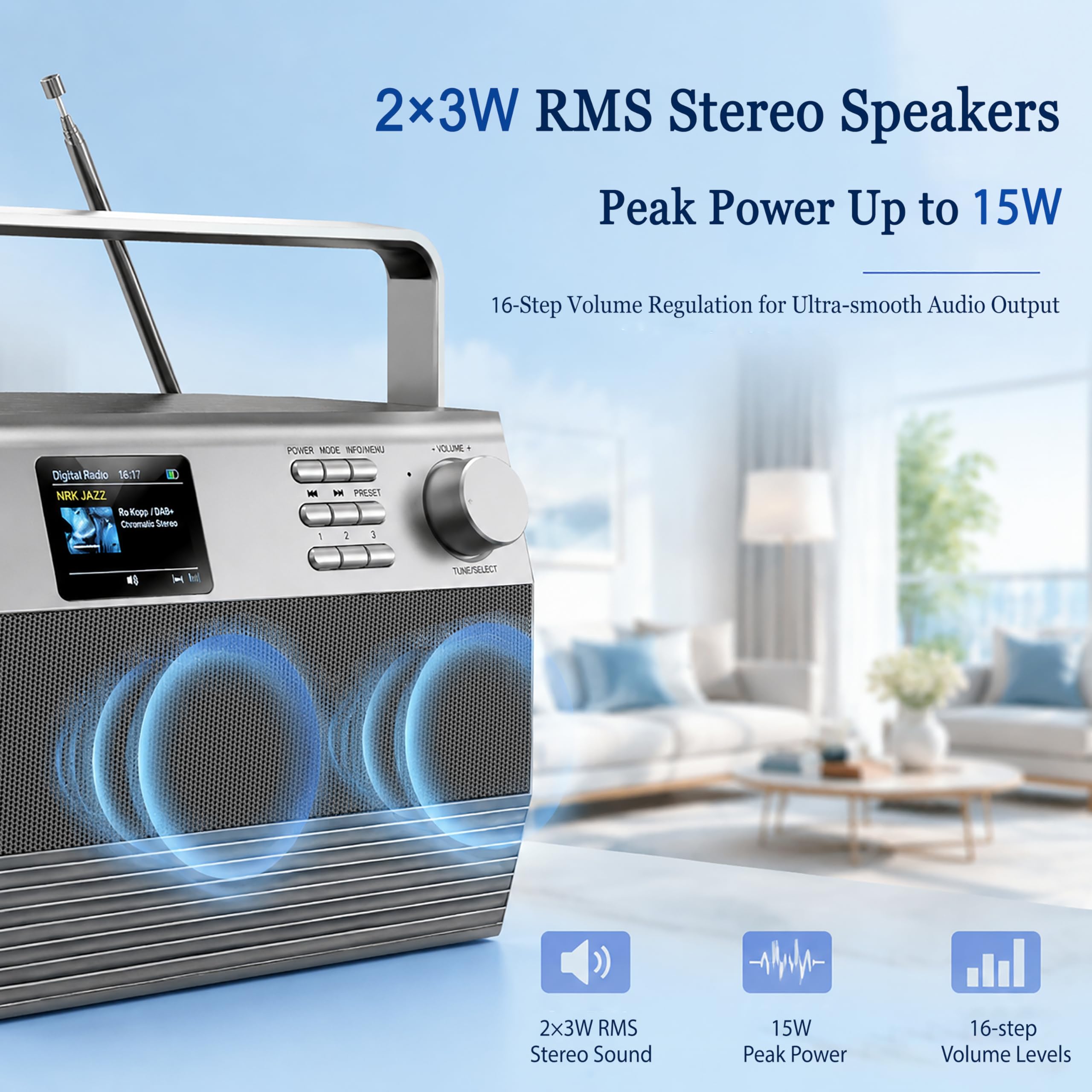 Radio DAB+ in legno Stereo Display Colorati | Legno MDF, Stereo 2x3W, Sveglia dimmerabile, Per camera da letto, USB/TF/AUX, Altoparlante wireless 5.3